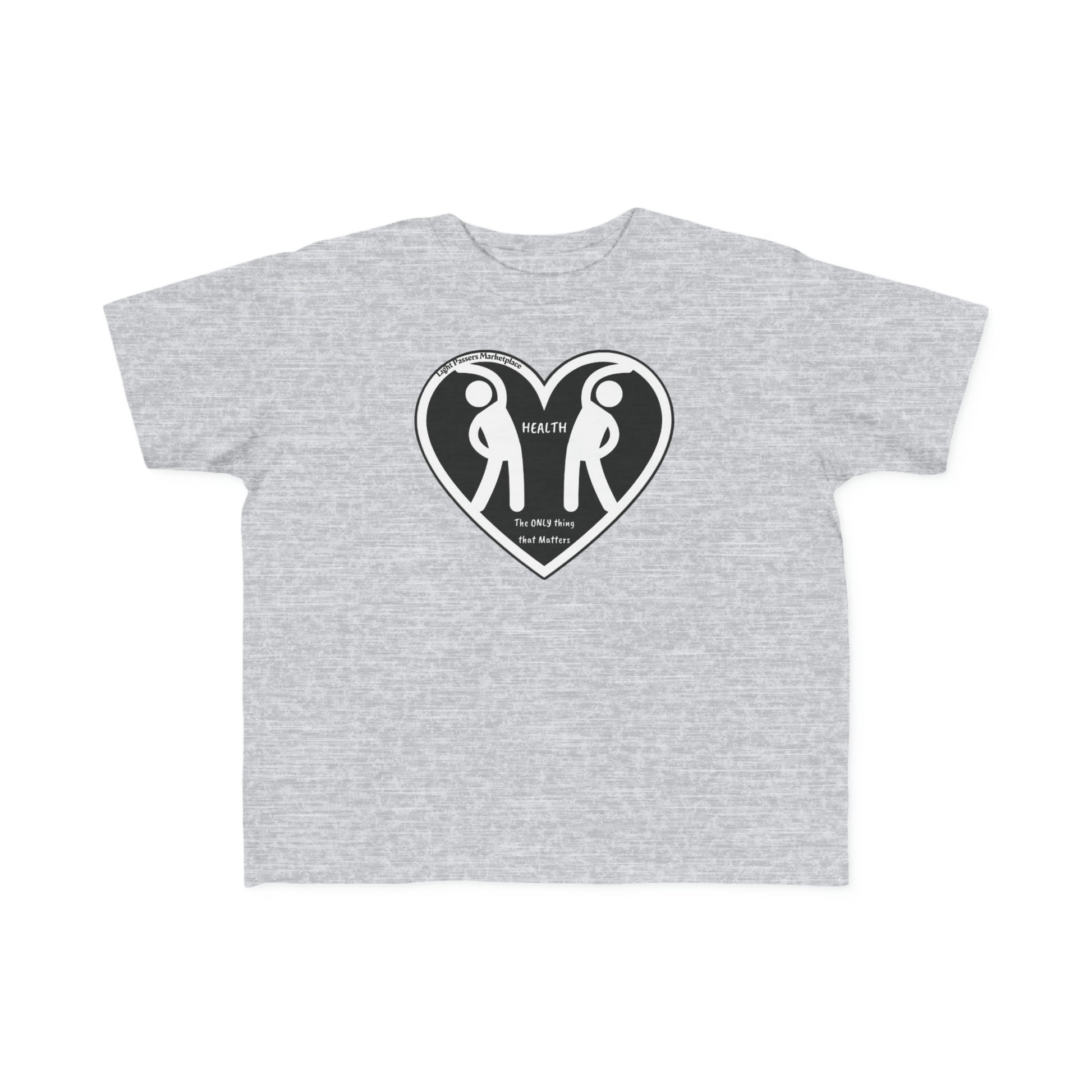 A grey toddler t-shirt featuring a heart design with two figures, made of soft, durable 100% combed cotton. Light fabric, tear-away label, classic fit. Ideal for sensitive skin.