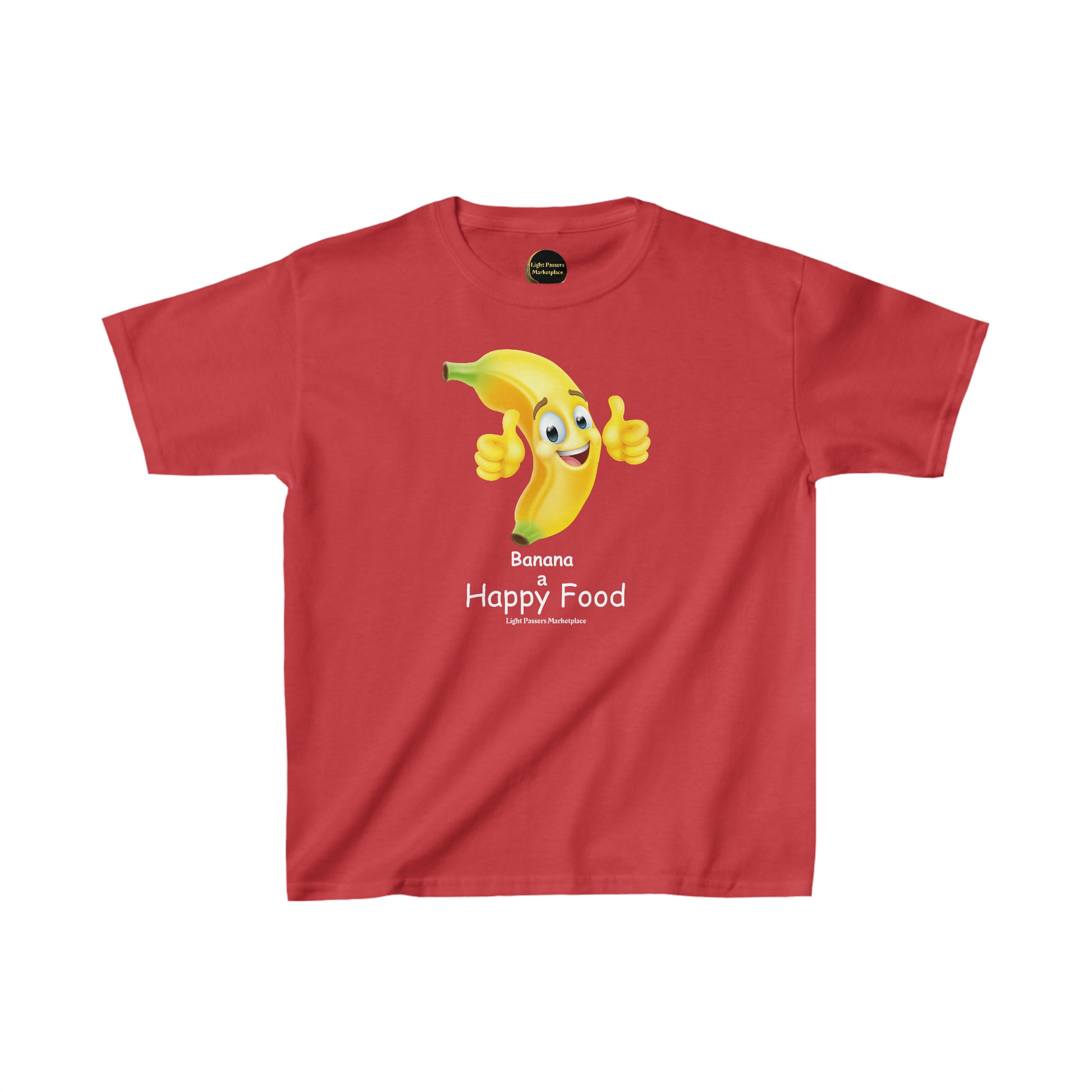 Youth red t-shirt featuring a cartoon banana with a thumbs up. Made of 100% cotton for comfort, with twill tape shoulders for durability. Ethically sourced US cotton.