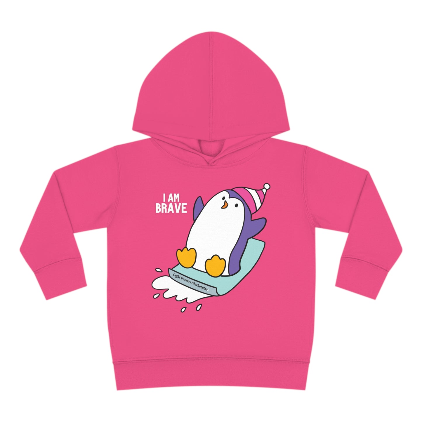 A toddler hoodie featuring a brave penguin design on the front, with jersey-lined hood, cover-stitched details, side seam pockets, and durable construction for lasting coziness.
