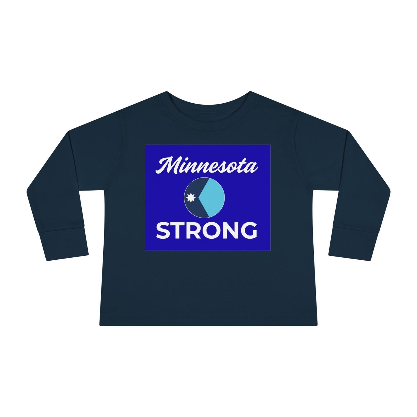 Navy-blue toddler long-sleeve featuring Minnesota STRONG graphic, symbolizing community pride. Lightweight, durable cotton, ideal for active play. Part of Light Passers Marketplace collection.