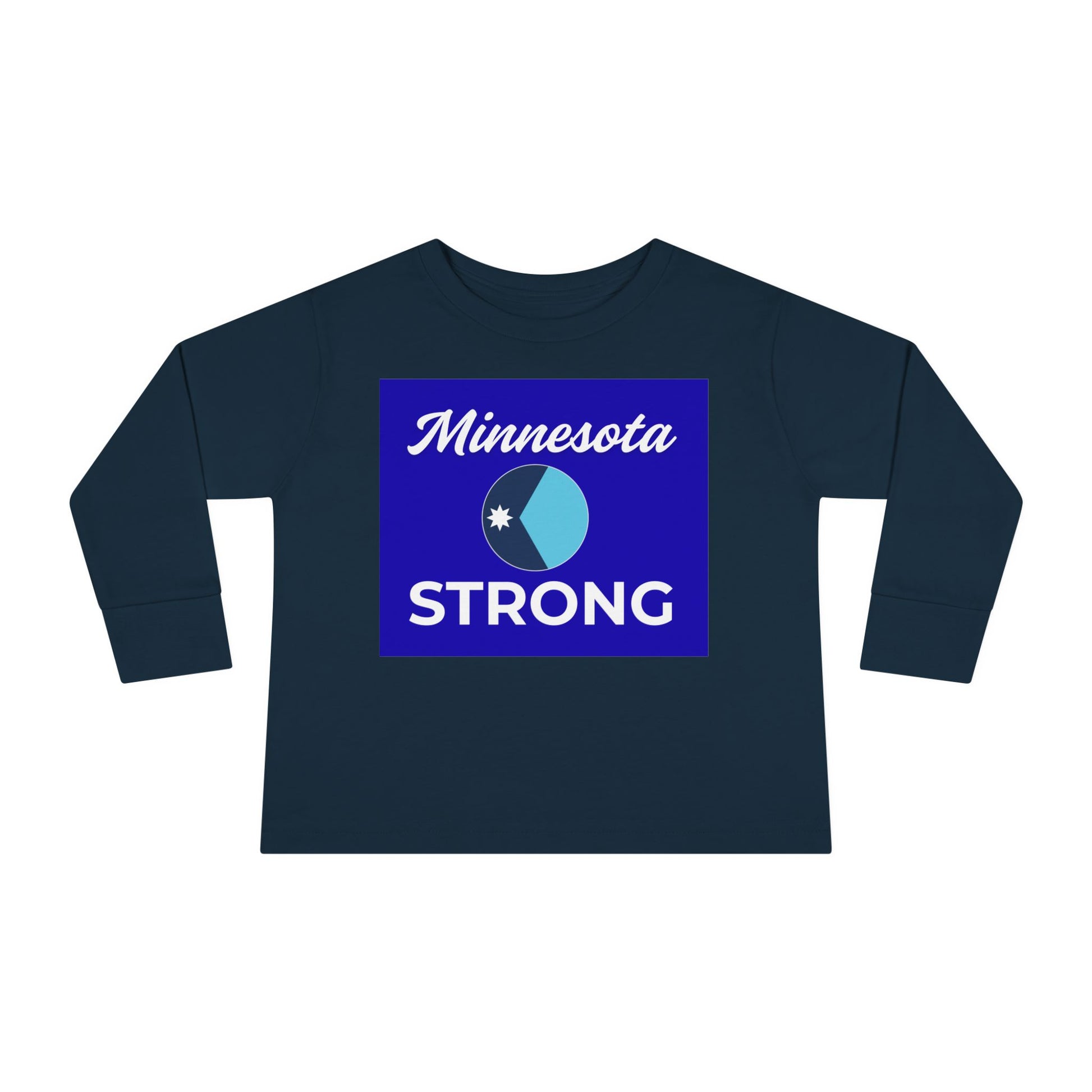 Navy-blue toddler long-sleeve featuring Minnesota STRONG graphic, symbolizing community pride. Lightweight, durable cotton, ideal for active play. Part of Light Passers Marketplace collection.