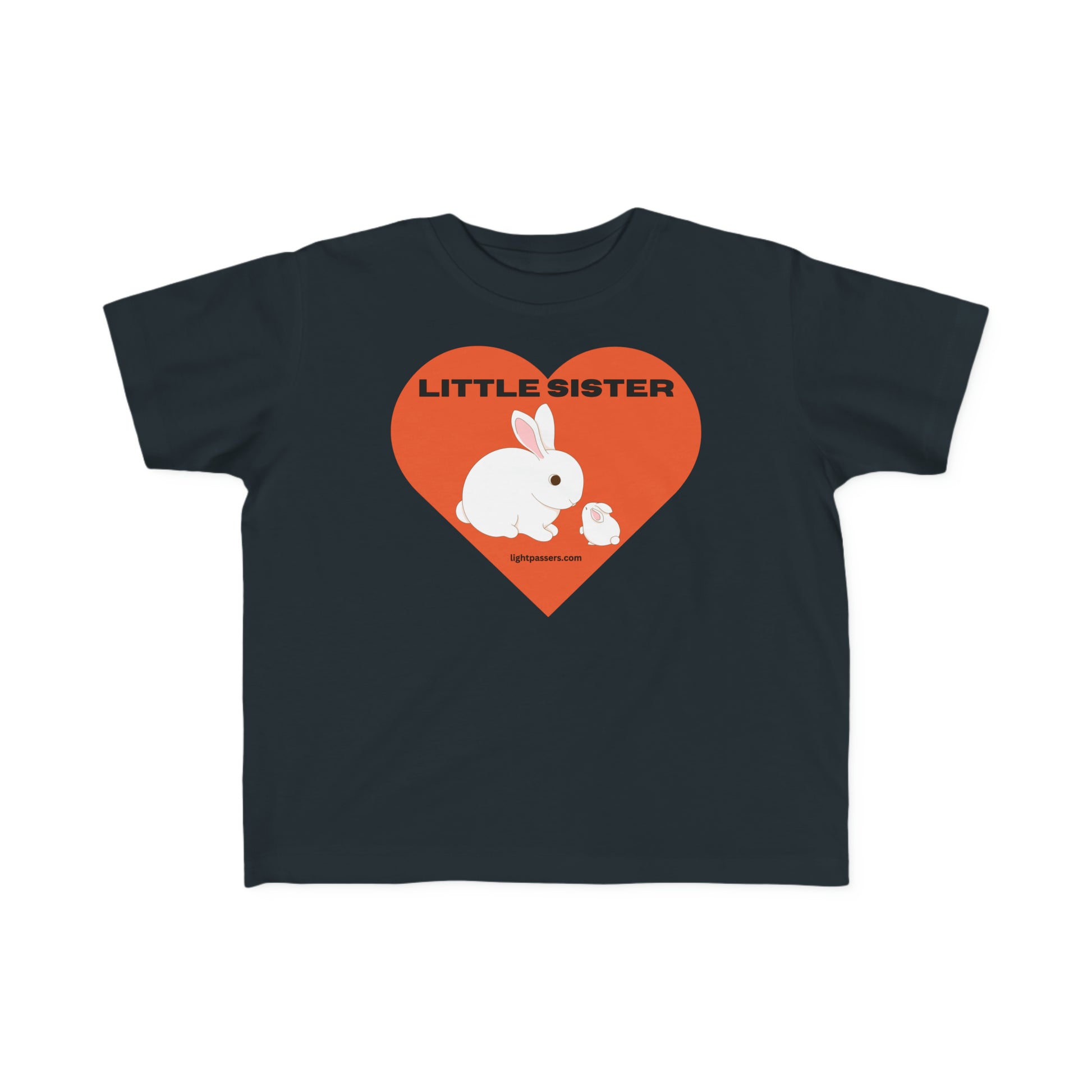 A black toddler t-shirt featuring a white rabbit and heart print. Made of soft, 100% combed cotton, with a durable, high-quality design perfect for sensitive skin.