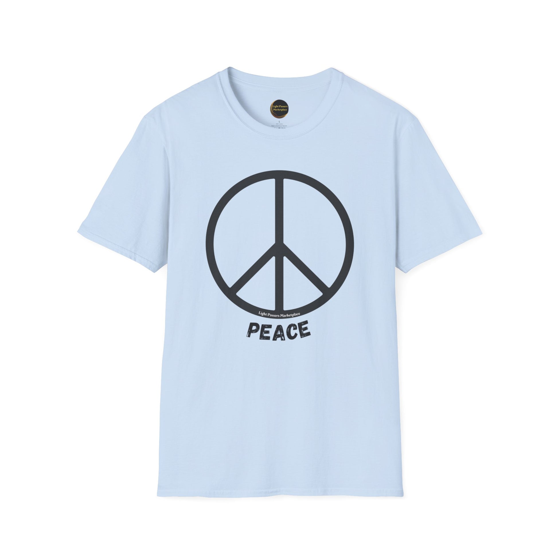 A soft, 100% cotton unisex t-shirt featuring a peace symbol. Lightweight fabric, twill tape shoulders, and ribbed collar for durability and comfort. Ethically made with ring-spun cotton.
