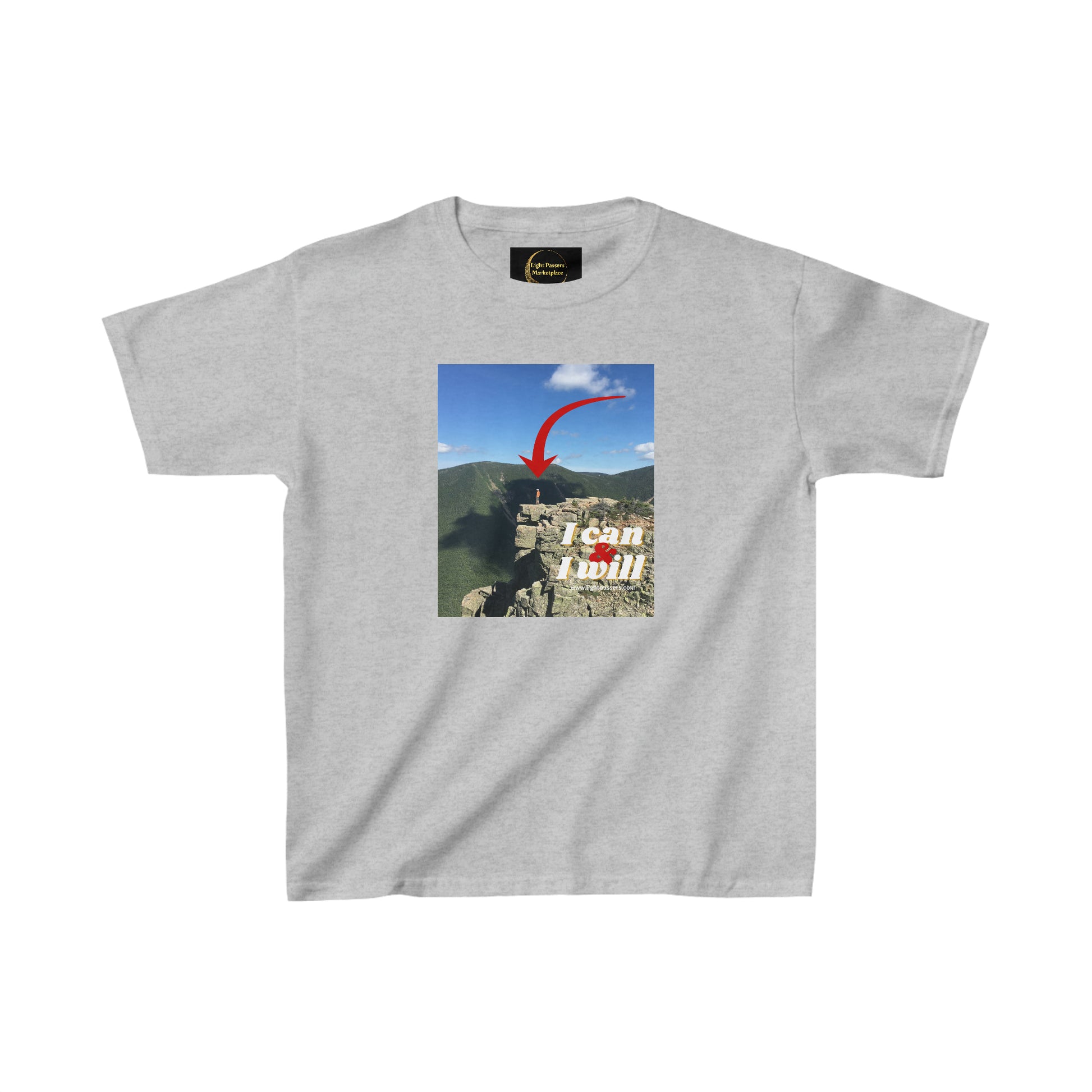 Youth t-shirt featuring a mountain print, ideal for everyday wear. Made of 100% cotton with twill tape shoulders for durability and a curl-resistant collar. Ethically sourced US cotton.