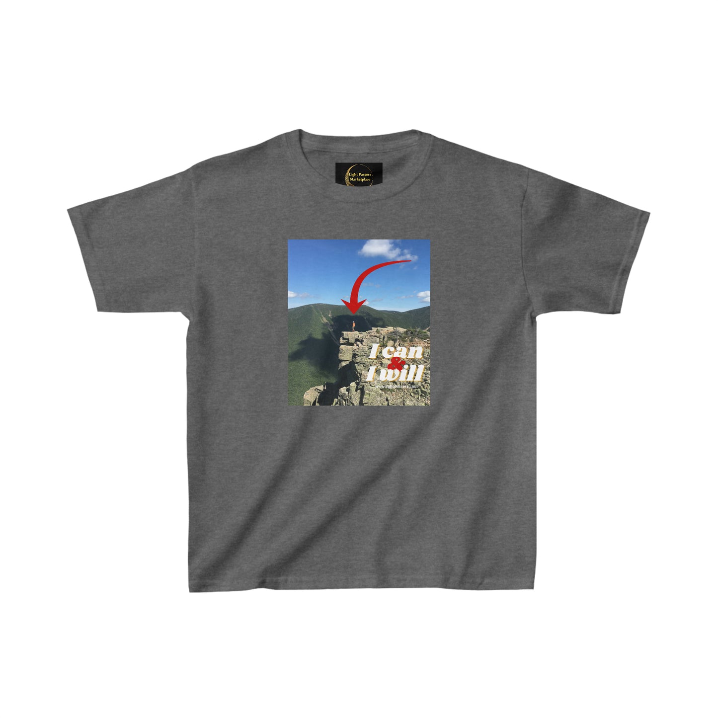 A youth t-shirt featuring a mountain and red arrow design, perfect for everyday wear. Made of 100% cotton, with twill tape shoulders for durability and a curl-resistant collar. Ethically crafted with US cotton.