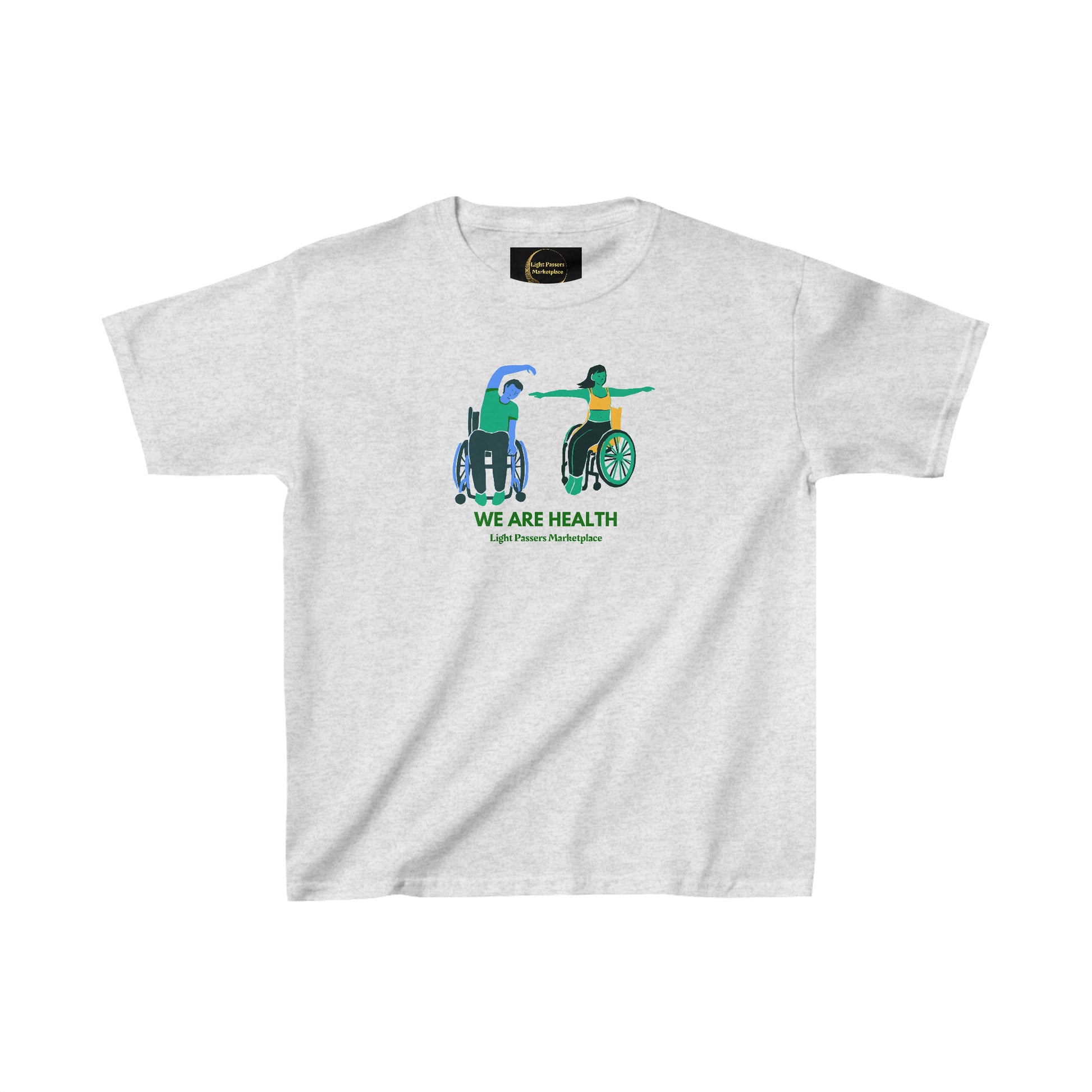 Youth white t-shirt featuring a man and a woman in wheelchairs, ideal for daily wear. Made of 100% cotton with added polyester for heather colors. Durable twill tape shoulders and curl-resistant collar.