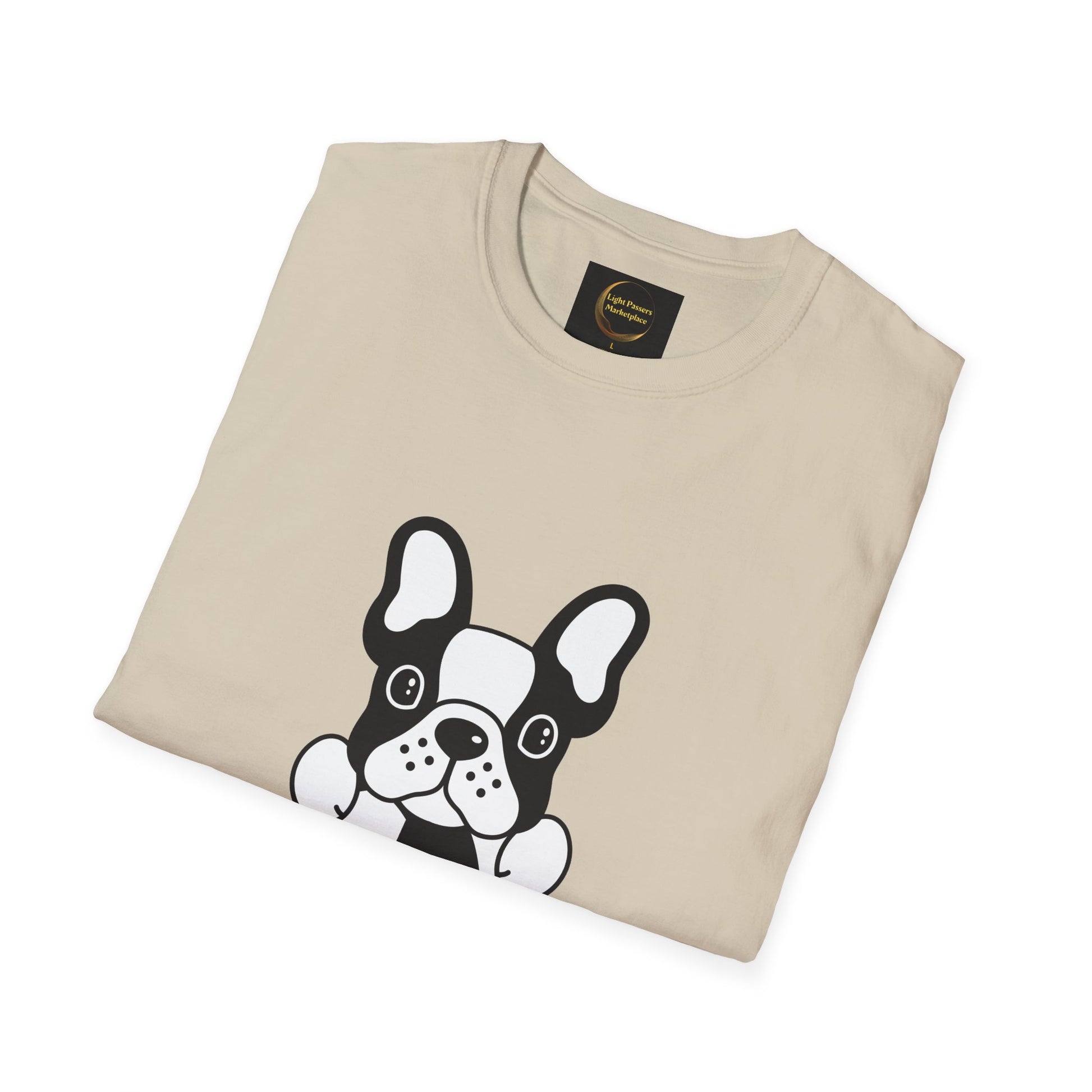 Soccer Dog Unisex T-Shirt featuring a cartoon French bulldog graphic, folded with visible Light Passions Marketplace label, showcasing casual comfort and durability.