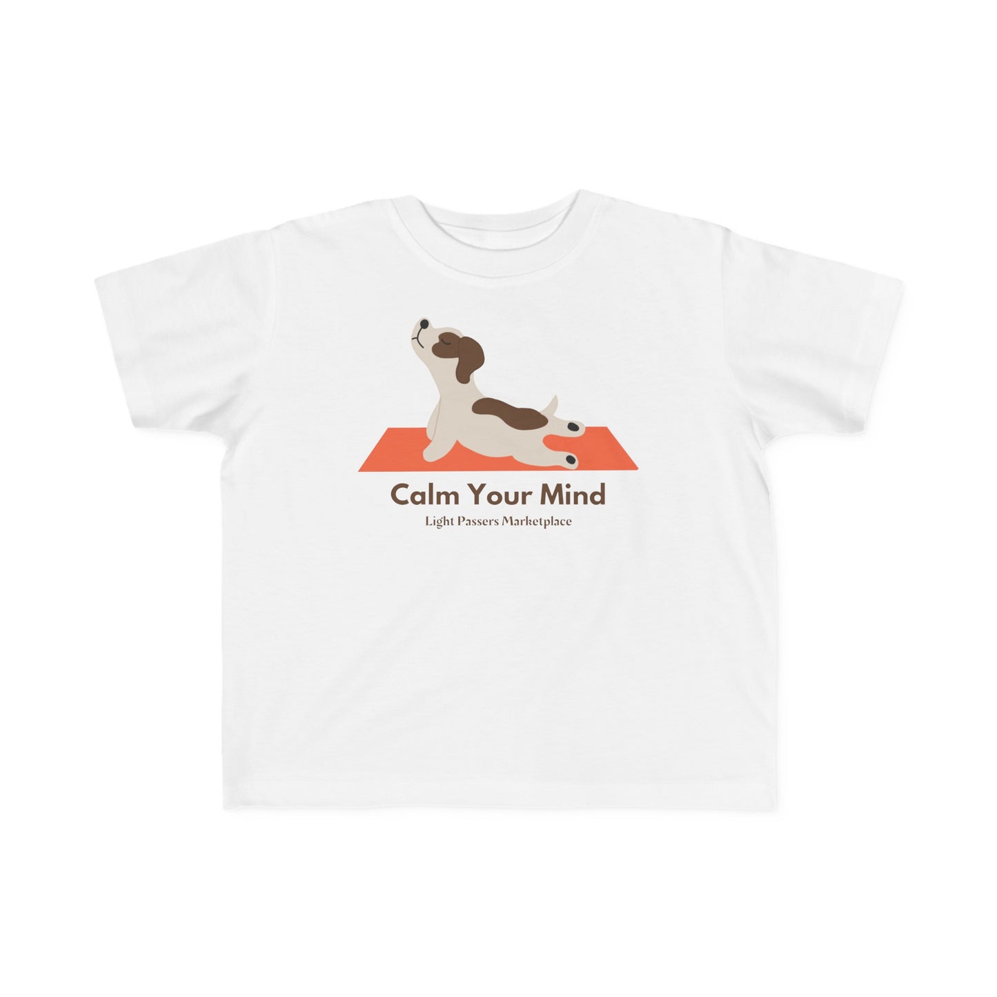 A white toddler t-shirt featuring a calm dog design. Soft 100% combed cotton, durable print, tear-away label, and a classic fit for comfort. Ideal for sensitive skin.