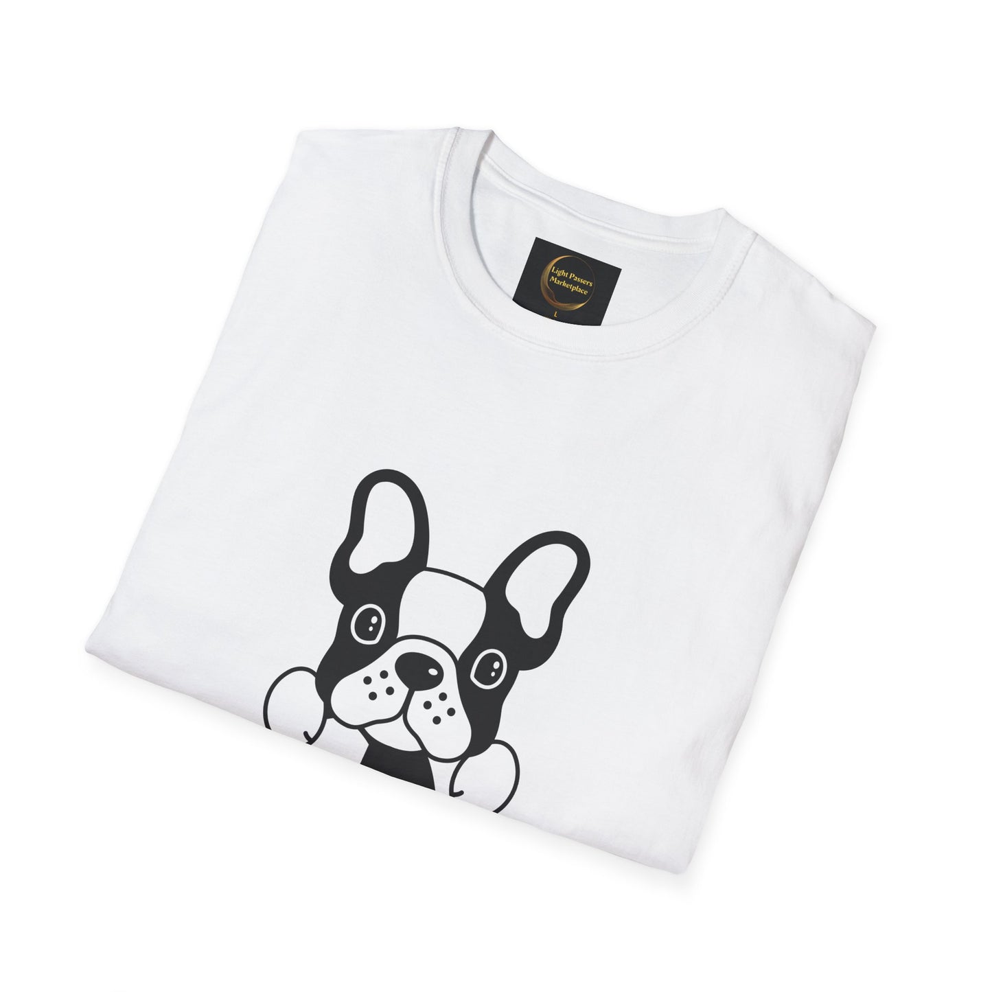 Soccer Dog Unisex T-Shirt featuring a cartoon French bulldog illustration, folded neatly. Part of Light Passers Marketplace, known for quality and comfort.