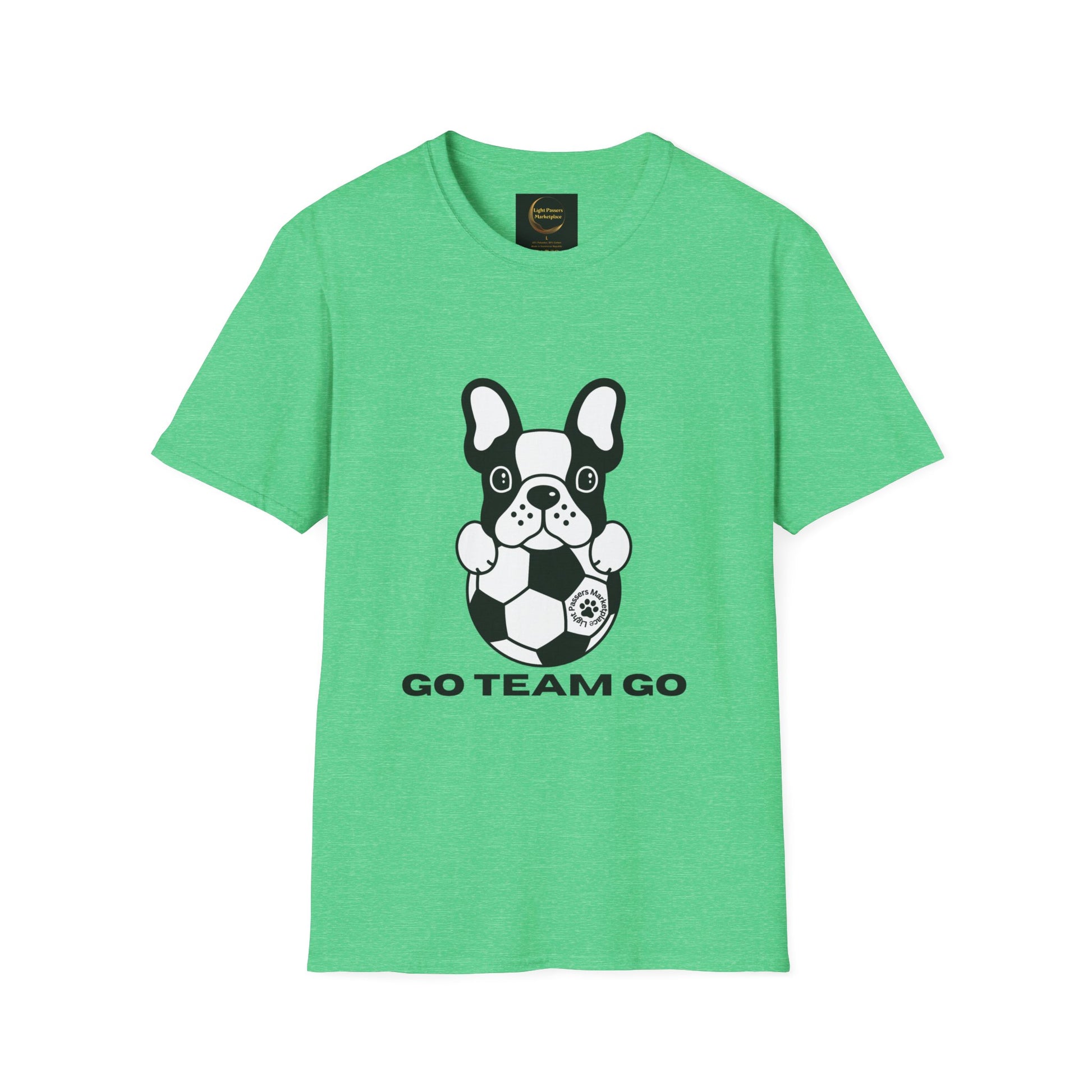 A green unisex t-shirt featuring a dog with a football, made of soft 100% ring-spun cotton. Classic fit with ribbed crew neckline, tear-away label, and ethically sourced materials by Gildan.