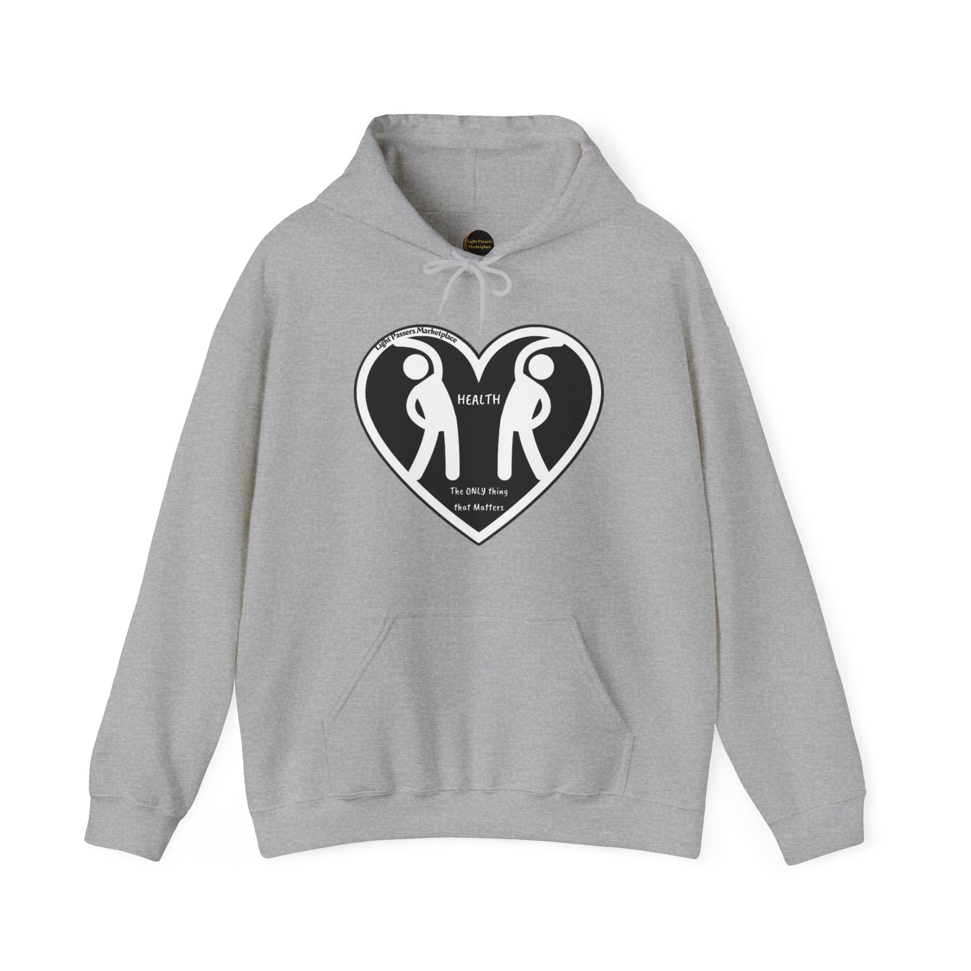 A grey unisex hooded sweatshirt featuring a heart and two people design. Made of 50% cotton and 50% polyester, with a kangaroo pocket and color-matched drawstring for style and comfort.