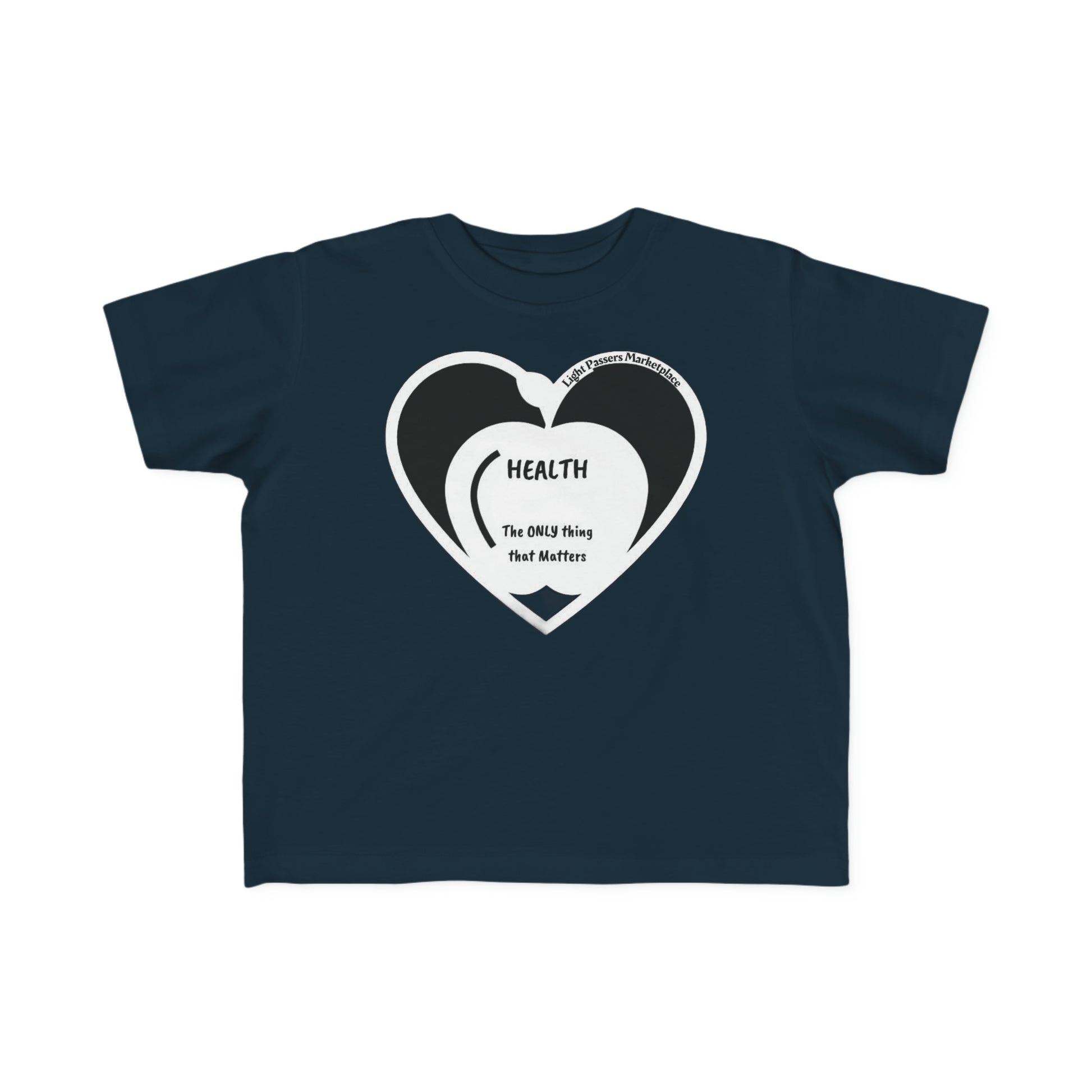 A toddler's tee with a heart design, ideal for sensitive skin. Made of 100% combed cotton, light fabric, durable print, and tear-away label. Apple Health Toddler T-shirts offer comfort for little ones.