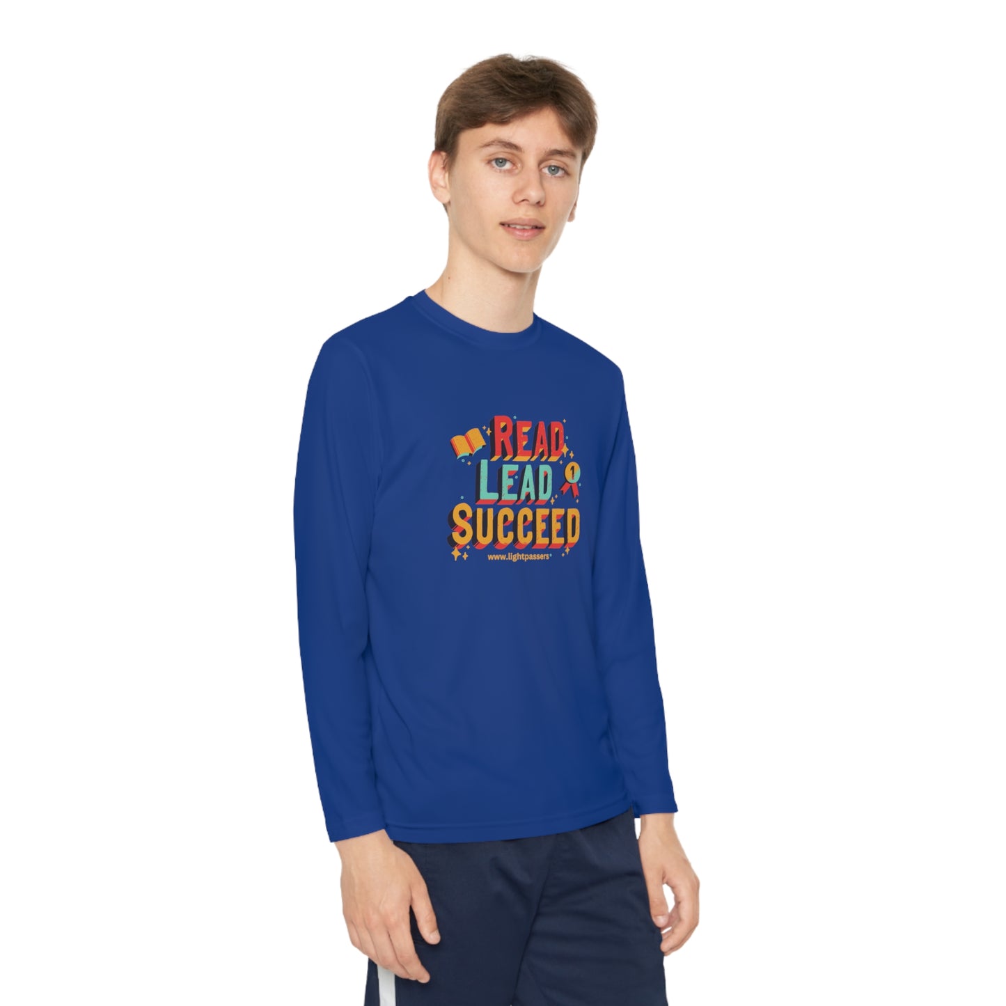 Long Sleeve Read Lead and Succeed Youth T-Shirt, featuring a moisture-wicking, athletic fit, ideal for active kids. Perfect for back-to-school and reading events.