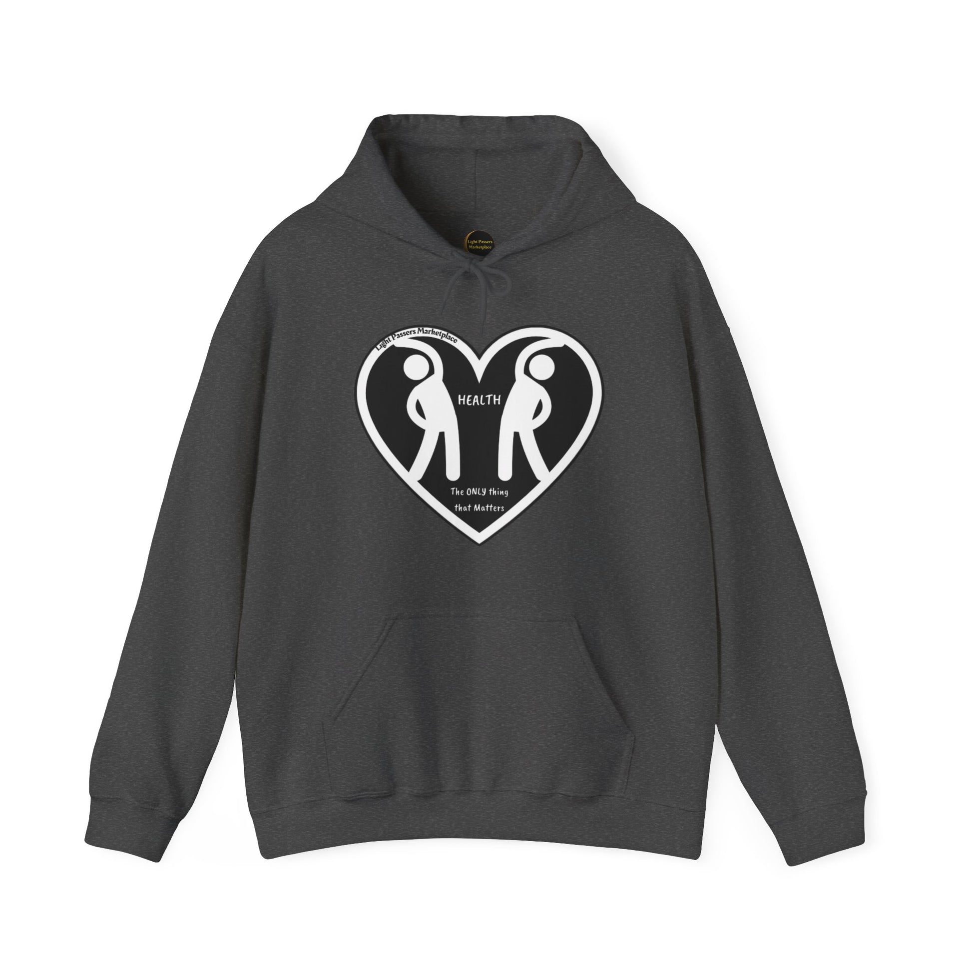 A grey unisex hooded sweatshirt featuring a heart and two people design. Made of 50% cotton and 50% polyester, with a kangaroo pocket and color-matched drawstring for style and comfort.