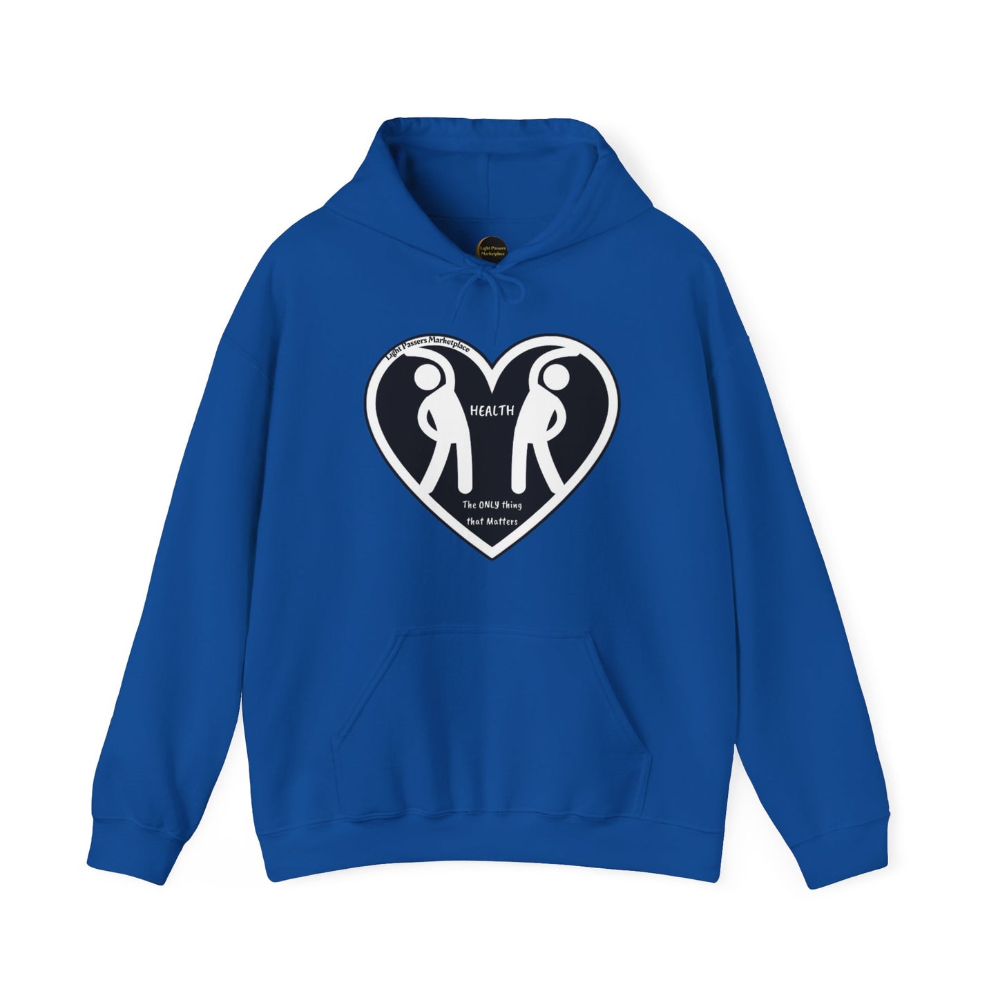 A blue unisex hooded sweatshirt featuring a heart design with two people, made of cotton and polyester for warmth and comfort. Includes a kangaroo pocket and color-matched drawstring for style.