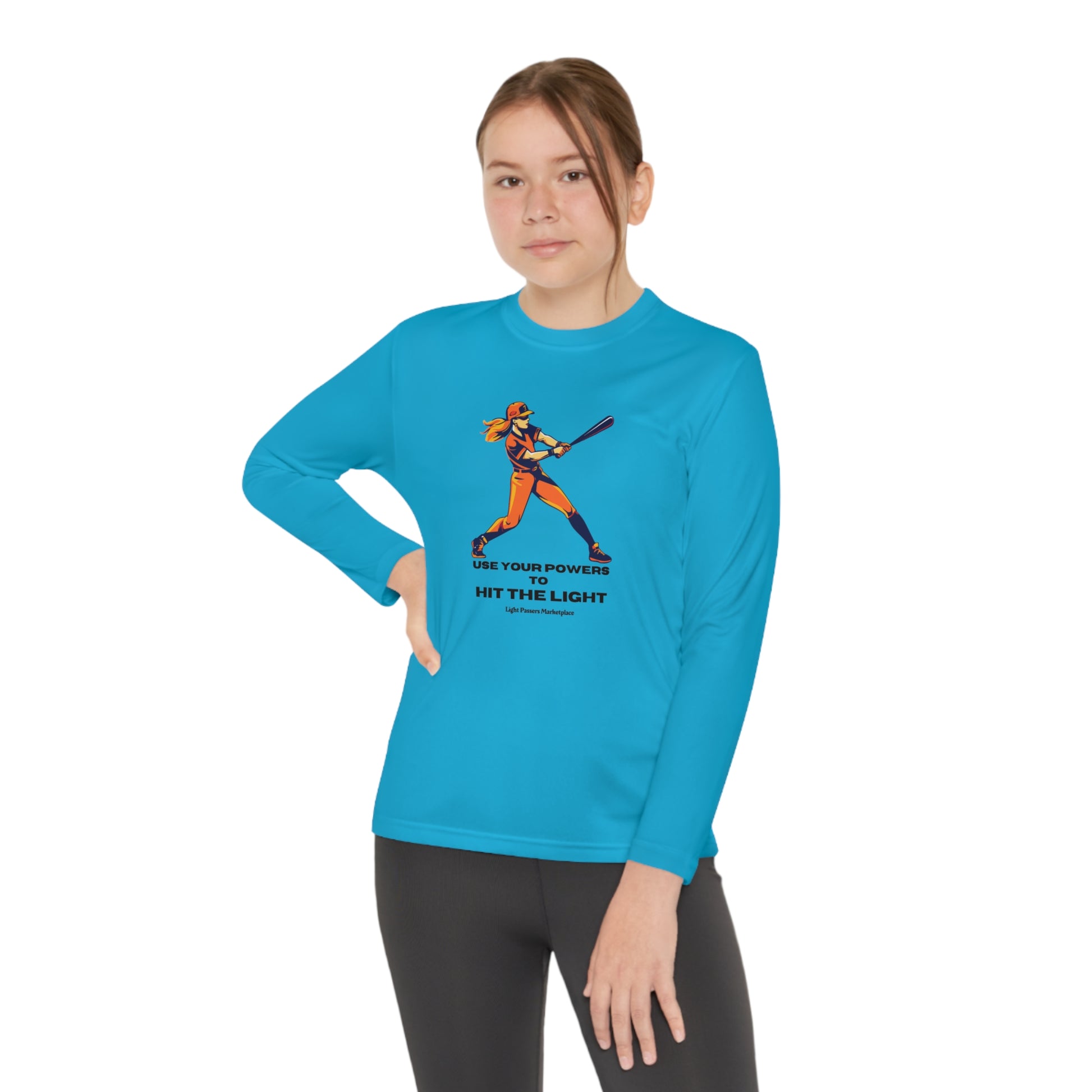 A girl in a blue Sport-Tek PosiCharge ® Competitor™ tee, swinging a baseball bat. Made of moisture-wicking polyester, lightweight, and breathable for active kids.