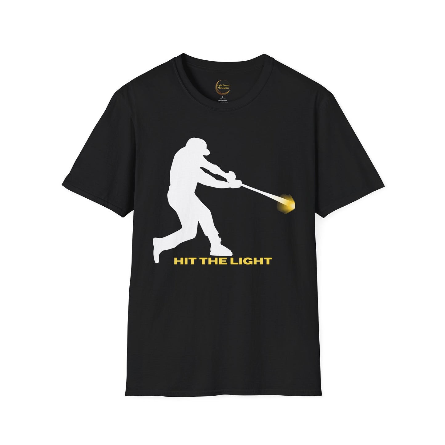 Baseball Batter Silhouette Adult Unisex T‑Shirt — "Hit the Light" white or black images