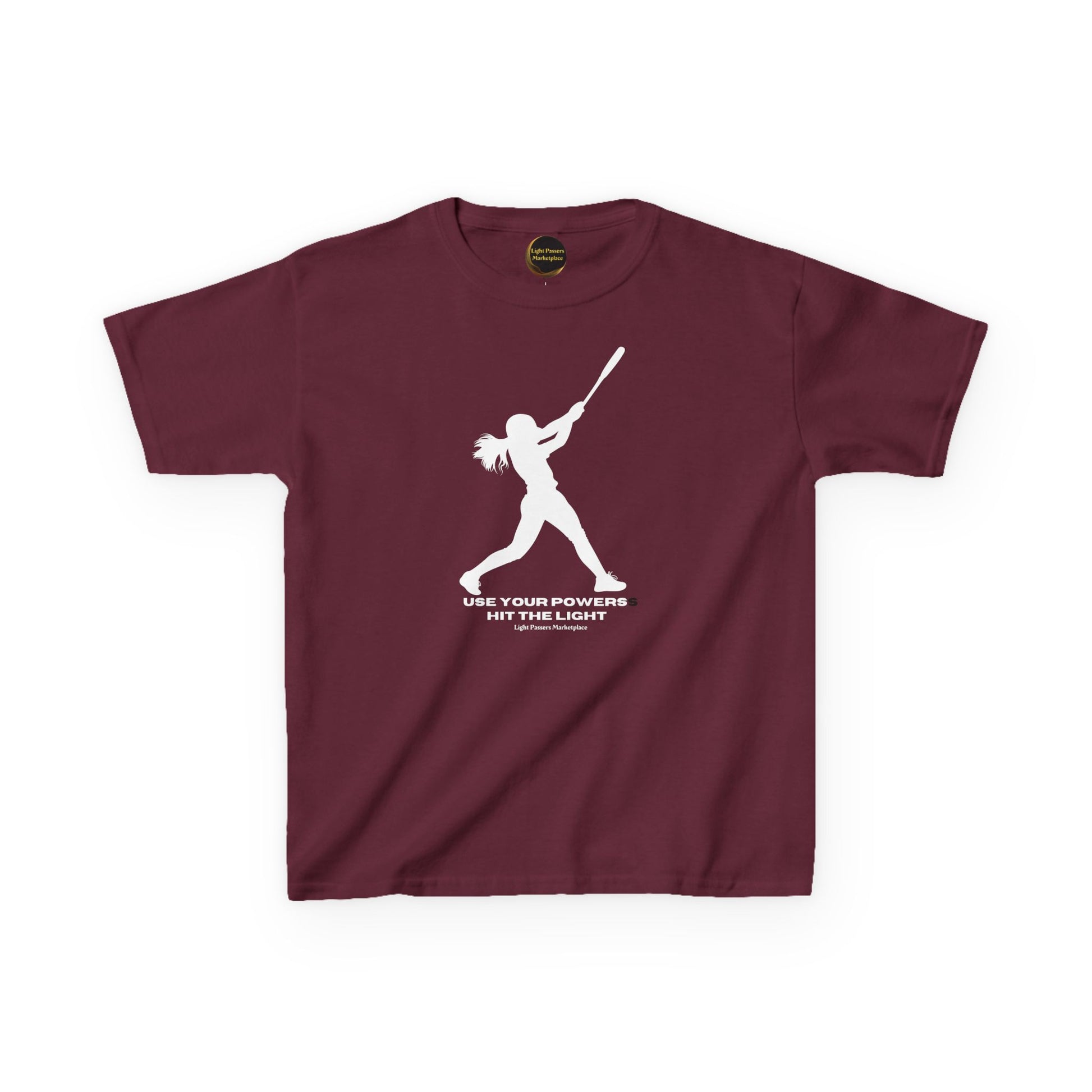 Teams Hit the Light T-shirt Youth features a female batter silhouette with USE YOUR POWERS HIT THE LIGHT slogan, capturing Light Passers Marketplace's inspirational spirit.
