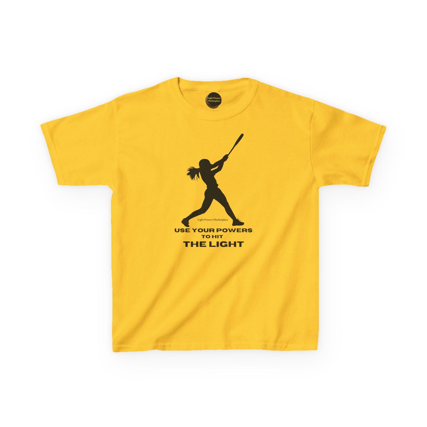 Youth T-shirt with a baseball silhouette and USE YOUR POWERS TO HIT THE LIGHT slogan, designed by Light Passers Marketplace, perfect for daily wear.