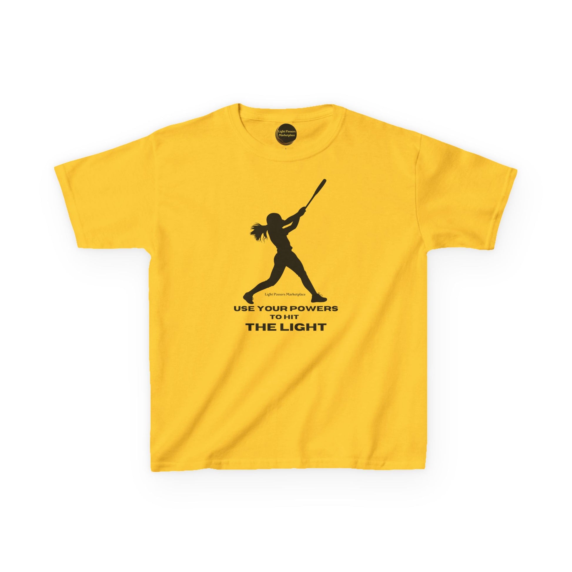 Youth T-shirt with a baseball silhouette and USE YOUR POWERS TO HIT THE LIGHT slogan, designed by Light Passers Marketplace, perfect for daily wear.