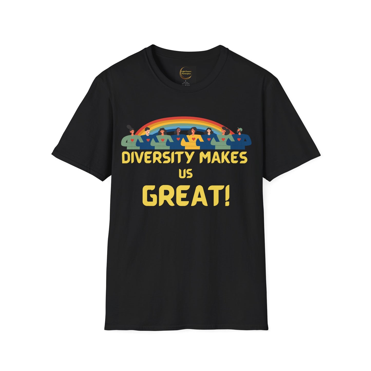 Diversity Makes Us Great Adult Unisex T-Shirt yellow or black letters— Inclusive Rainbow Community Tee