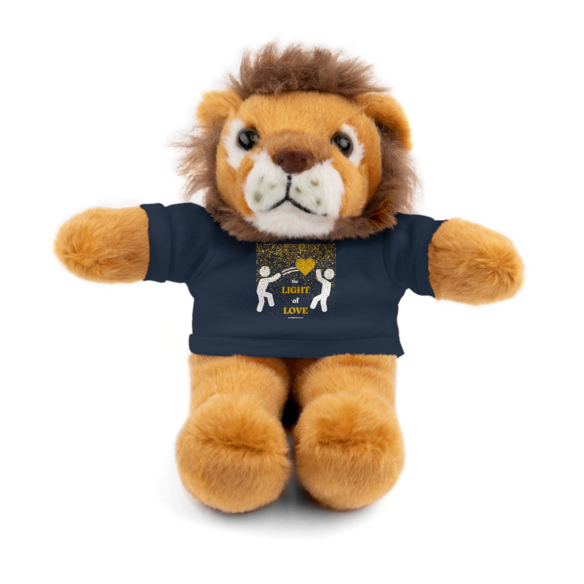 Toss the Light of Love Gold Heart plush animal, 8 tall, wearing a playful customizable cotton tee, perfect for children ages 3+.