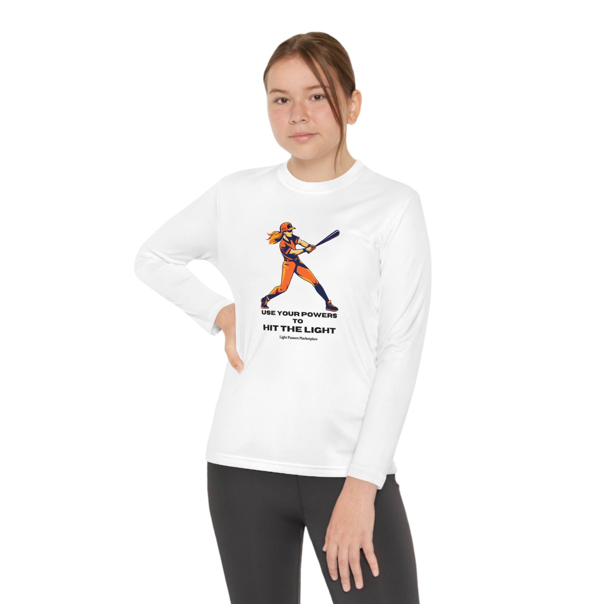 A girl in a white long-sleeve tee, holding a baseball bat. Made of 100% moisture-wicking polyester, lightweight and breathable for active kids.