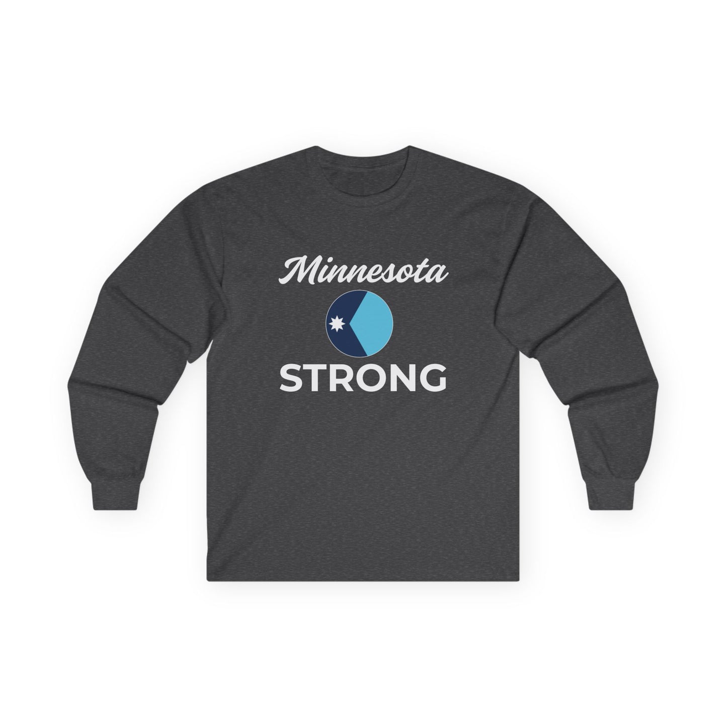 Dark charcoal-gray long-sleeve tee with Minnesota Strong in white and blue, featuring a circular star graphic. Part of Light Passers Marketplace's inspirational collection.