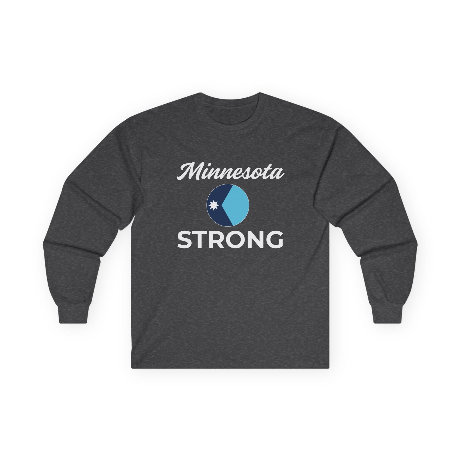 Dark charcoal-gray long-sleeve tee with Minnesota Strong in white and blue, featuring a circular star graphic. Part of Light Passers Marketplace's inspirational collection.