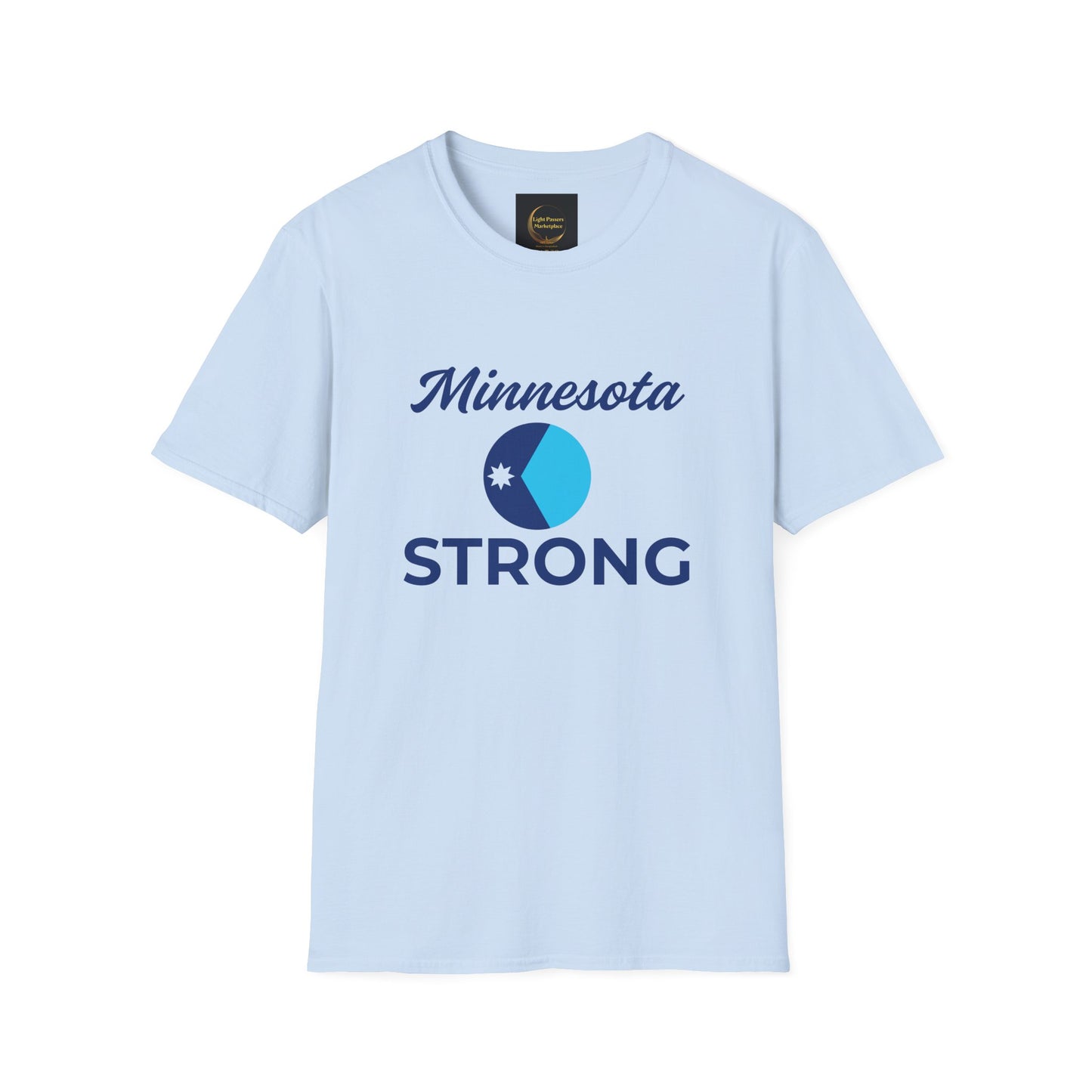 Light-blue tee with Minnesota script, emblem, STRONG bold; embodies civic responsibility, part of Light Passers Marketplace's inspirational collection.