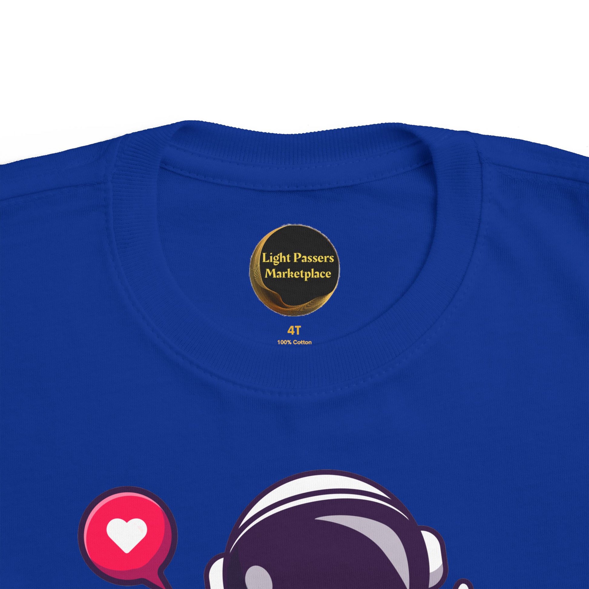 Peace Astronaut Toddler T-shirt features a playful astronaut helmet graphic and heart icon, ideal for sensitive skin with its soft, durable cotton fabric.