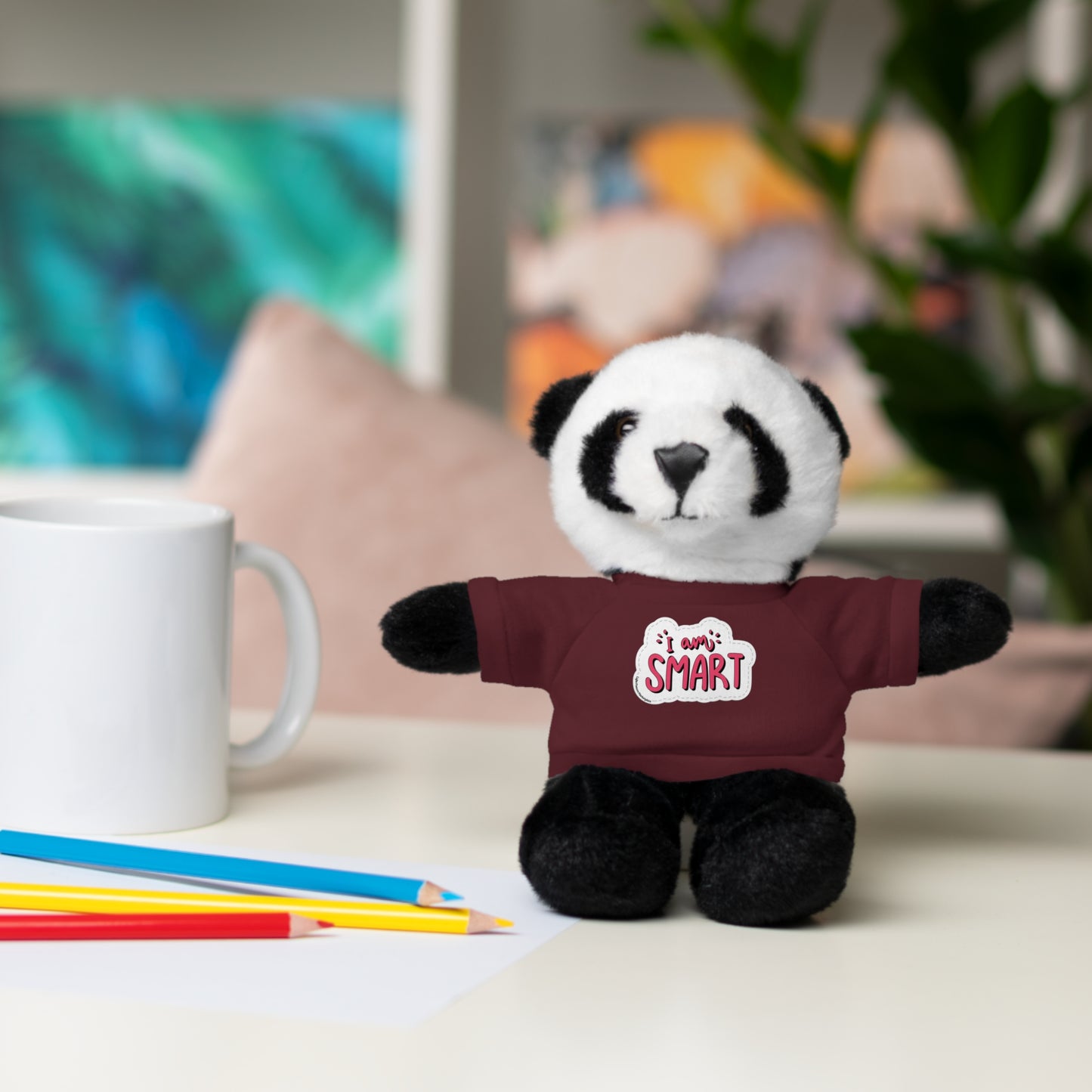 Plushies of six animals, each with a customizable 'I am Smart' T-shirt, perfect for kids' learning and play.
