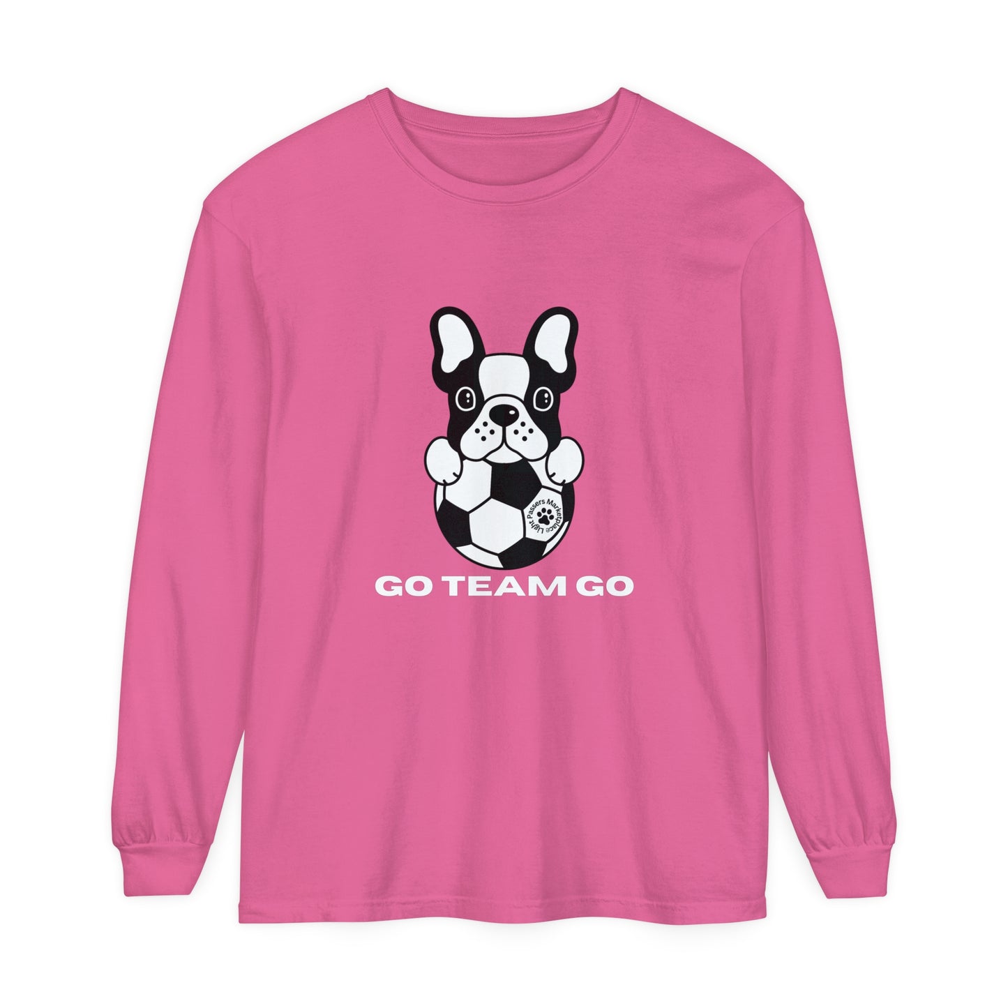 Teams Soccer Dog Adult Unisex Garment-dyed Long Sleeve showing a dog with a football, crafted from soft, 100% ring-spun cotton for comfort and style.