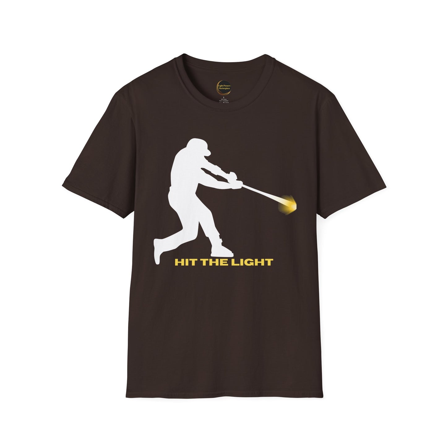 Baseball Batter Silhouette Adult Unisex T‑Shirt — "Hit the Light" white or black images