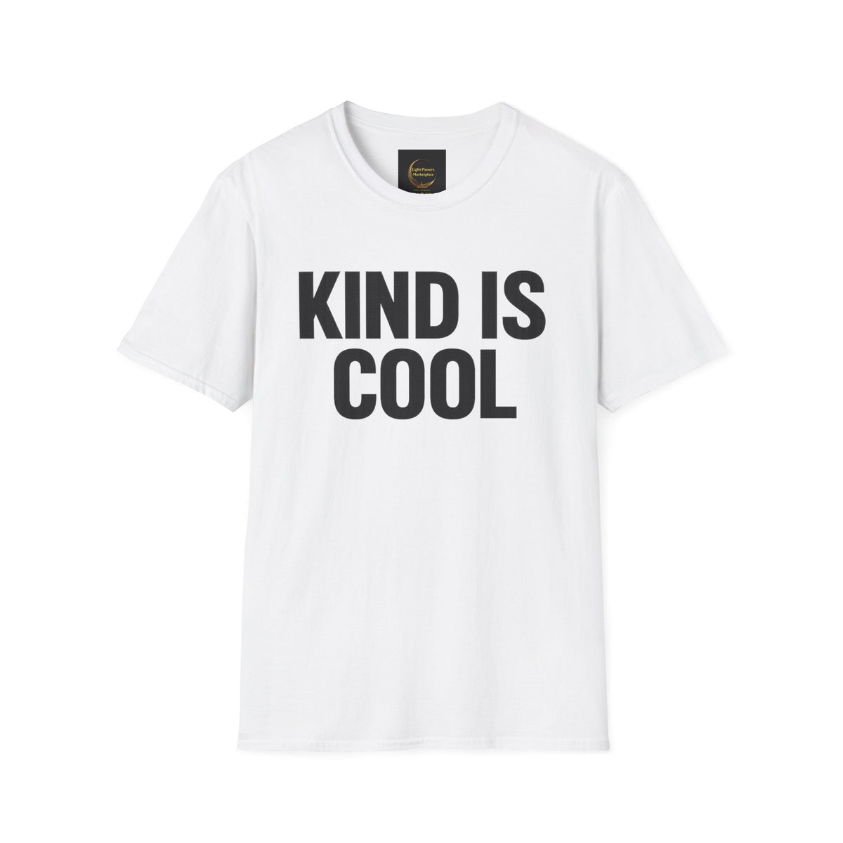 White unisex T-shirt with “KIND IS COOL” text graphic and small neck logo patch