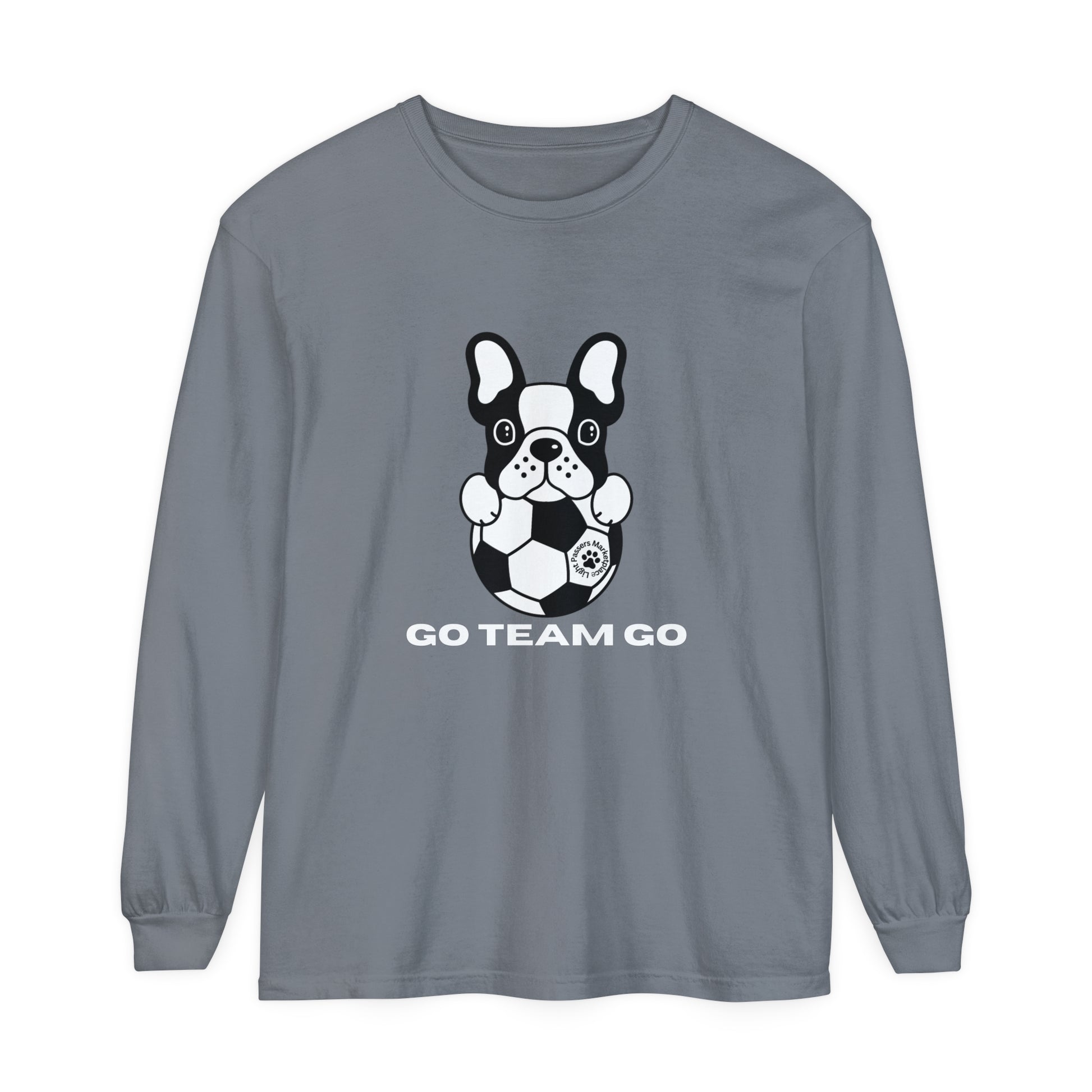 Teams Soccer Dog Adult Unisex Garment-dyed Long Sleeve features a black and white dog with a football on a soft, relaxed-fit grey shirt.