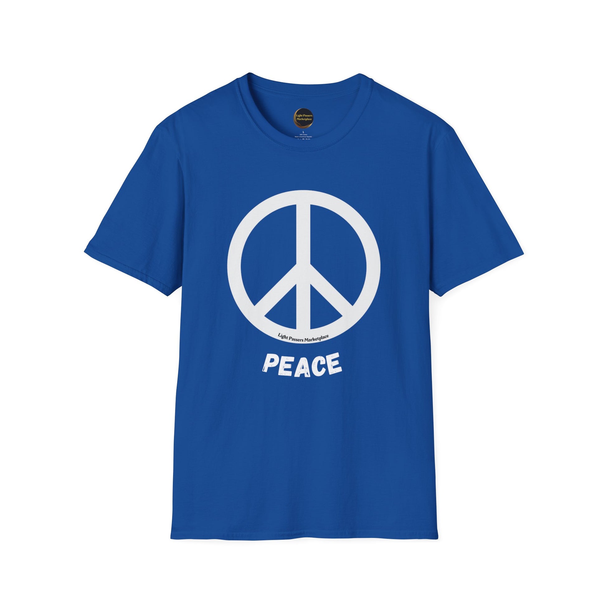 A soft, 100% cotton unisex t-shirt featuring a peace symbol logo on a blue background. Lightweight and durable with a crew neckline, perfect for casual comfort and versatile style.