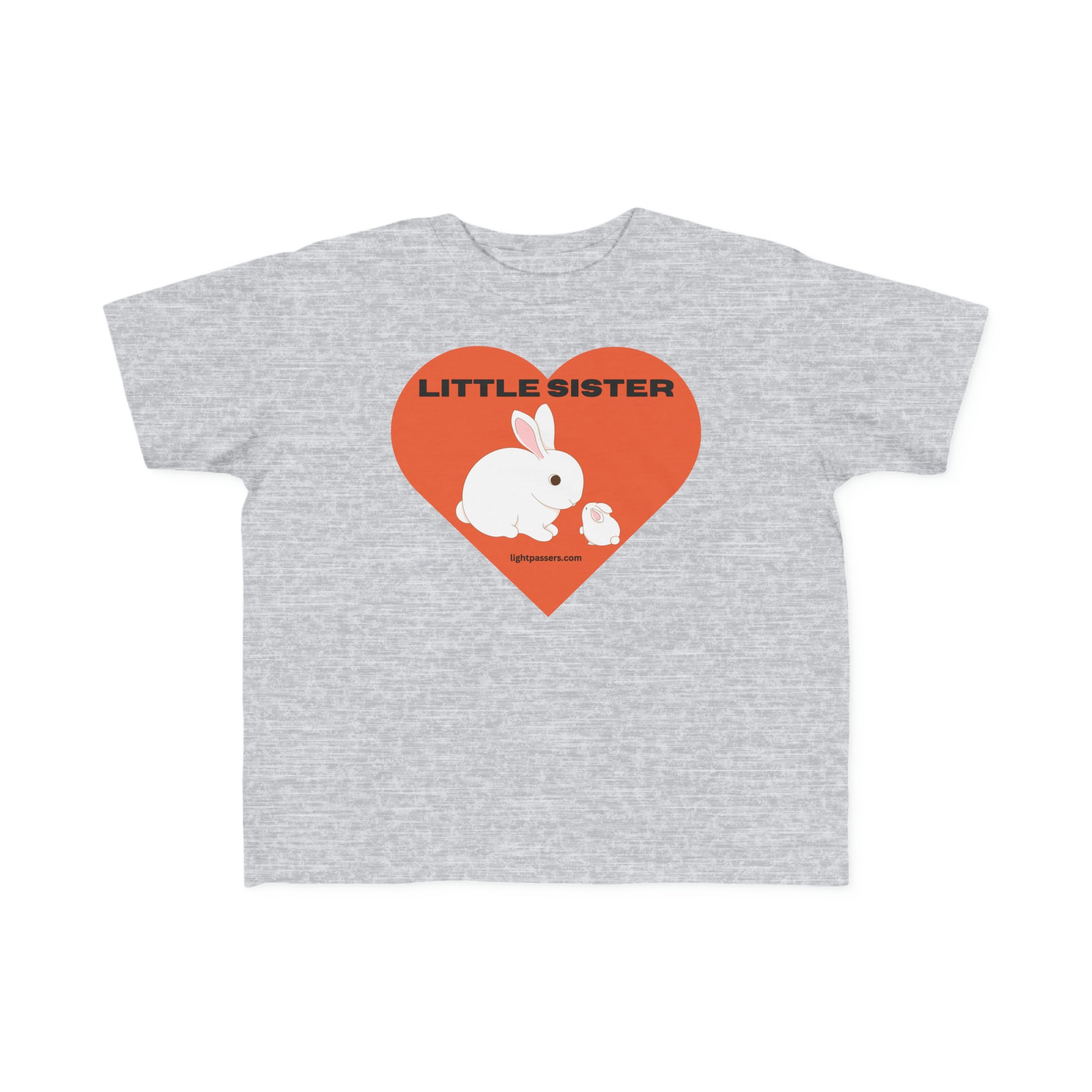 A grey toddler t-shirt featuring a rabbit and heart design, made of soft 100% combed cotton. Durable print, light fabric, tear-away label, and a classic fit. Ideal for little sisters.