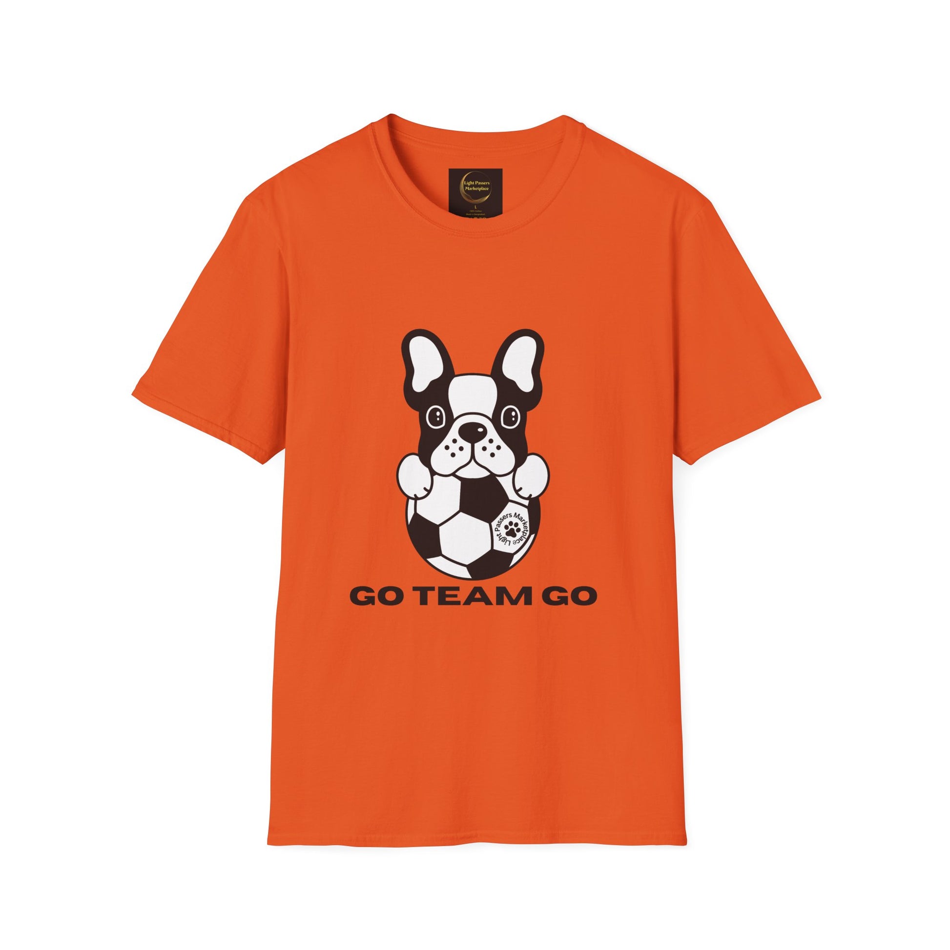 Soccer Dog Unisex T-Shirt features a cartoon French bulldog with a soccer ball, GO TEAM GO text, offering soft comfort with durable, ethically sourced cotton.