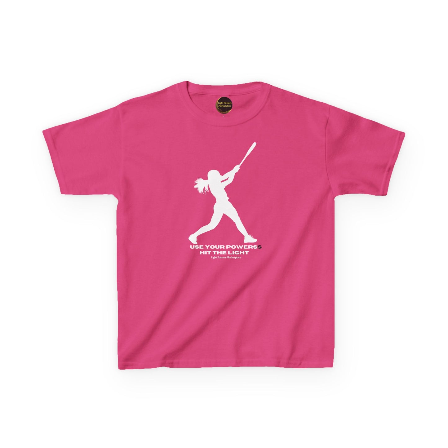 Bright pink youth T-shirt with a female batter silhouette and the inspirational message USE YOUR POWERS HIT THE LIGHT from Light Passers Marketplace.