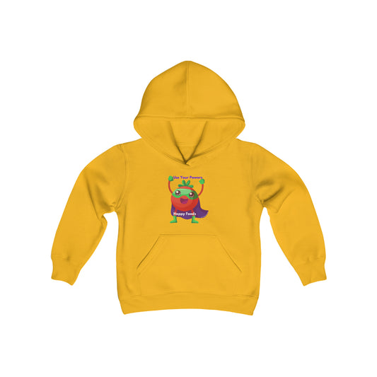 Light Passers Marketplace Tomato Power Happy Food Youth Hooded Sweatshirt Nutrition, Mental Health, Simple Messages