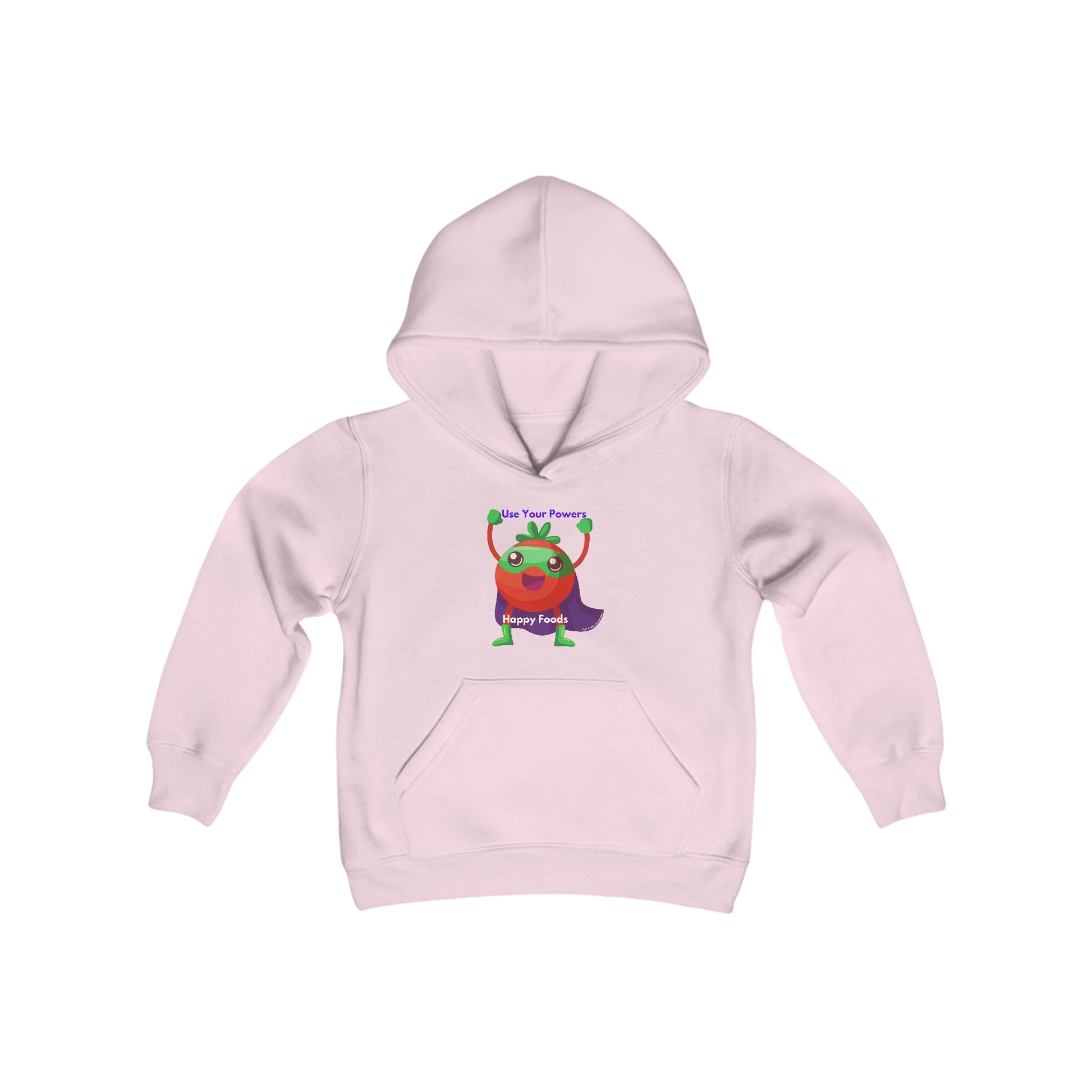 Youth hoodie featuring a cartoon tomato superhero design on pink fabric. Kangaroo pocket, twill-taped neck, and soft fleece blend for comfort. Ideal for vibrant printing.