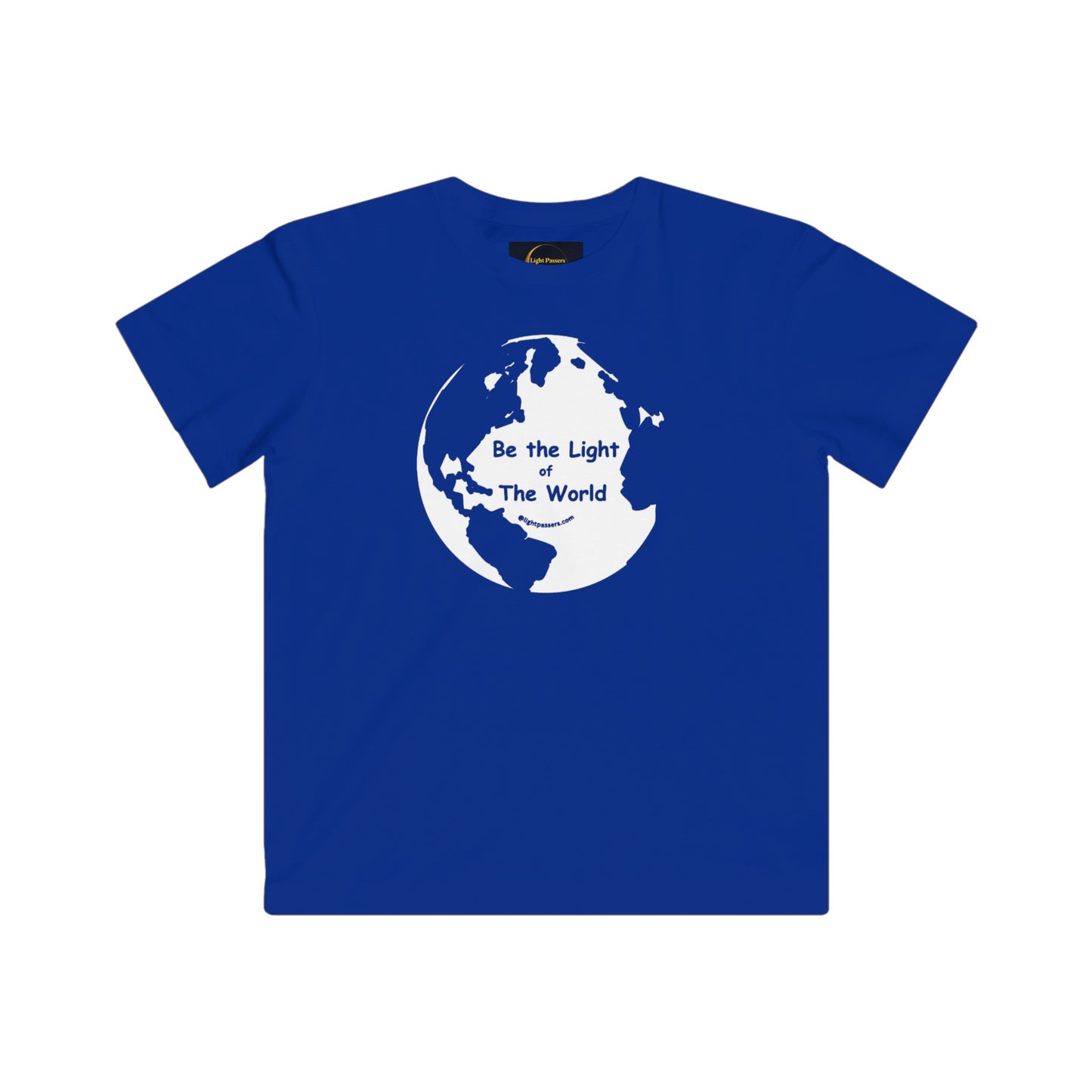 Youth t-shirt featuring a white globe design on a blue shirt. Made of soft cotton, regular fit, tear-away label, and lightweight fabric. Be the Light of the World theme.