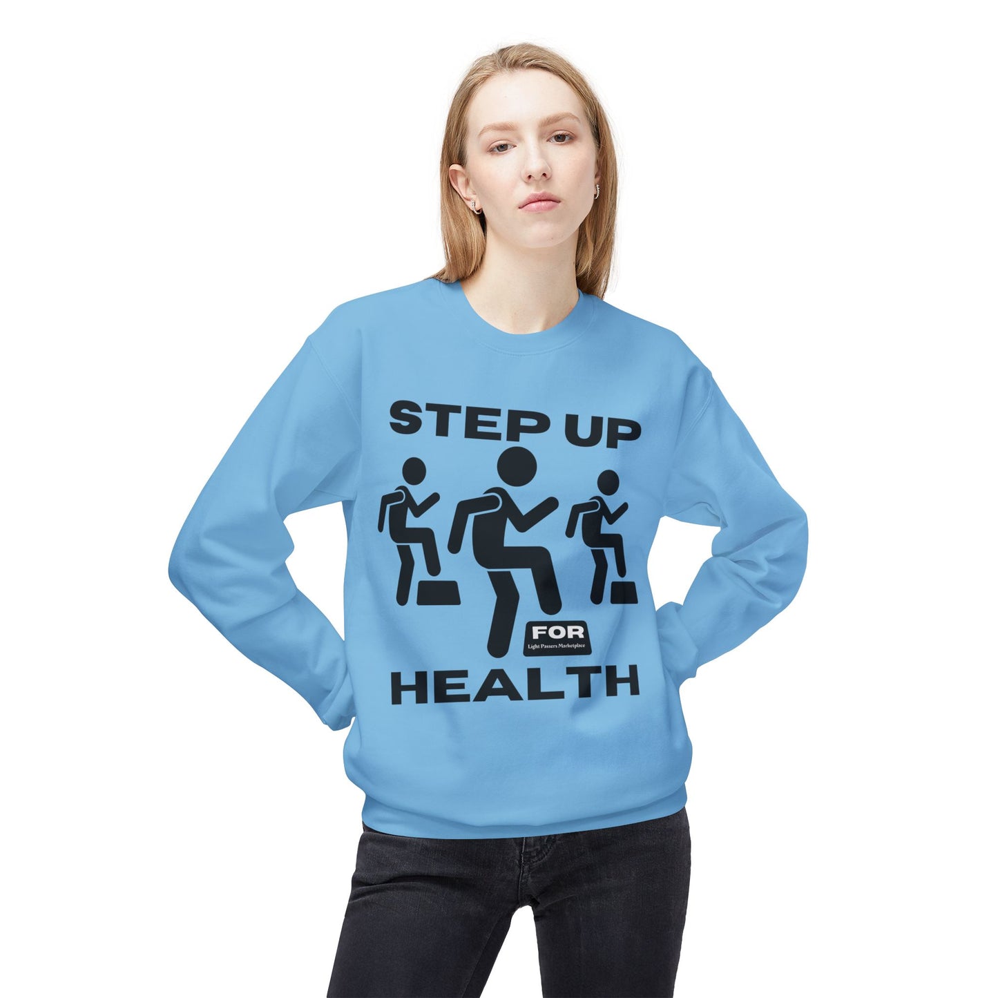 Fitness Motivation Crewneck Sweatshirt - Step up for Health, worn by a woman, featuring a graphic design and relaxed fit with dropped shoulders and ribbed cuffs.