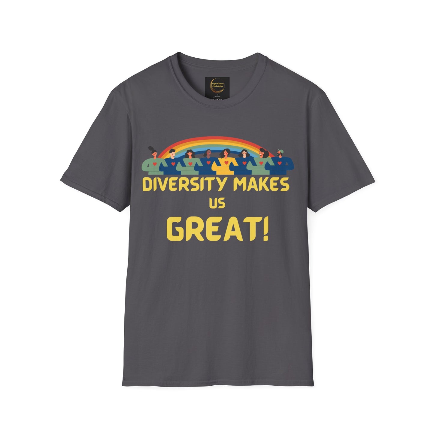Diversity Makes Us Great Adult Unisex T-Shirt yellow or black letters— Inclusive Rainbow Community Tee