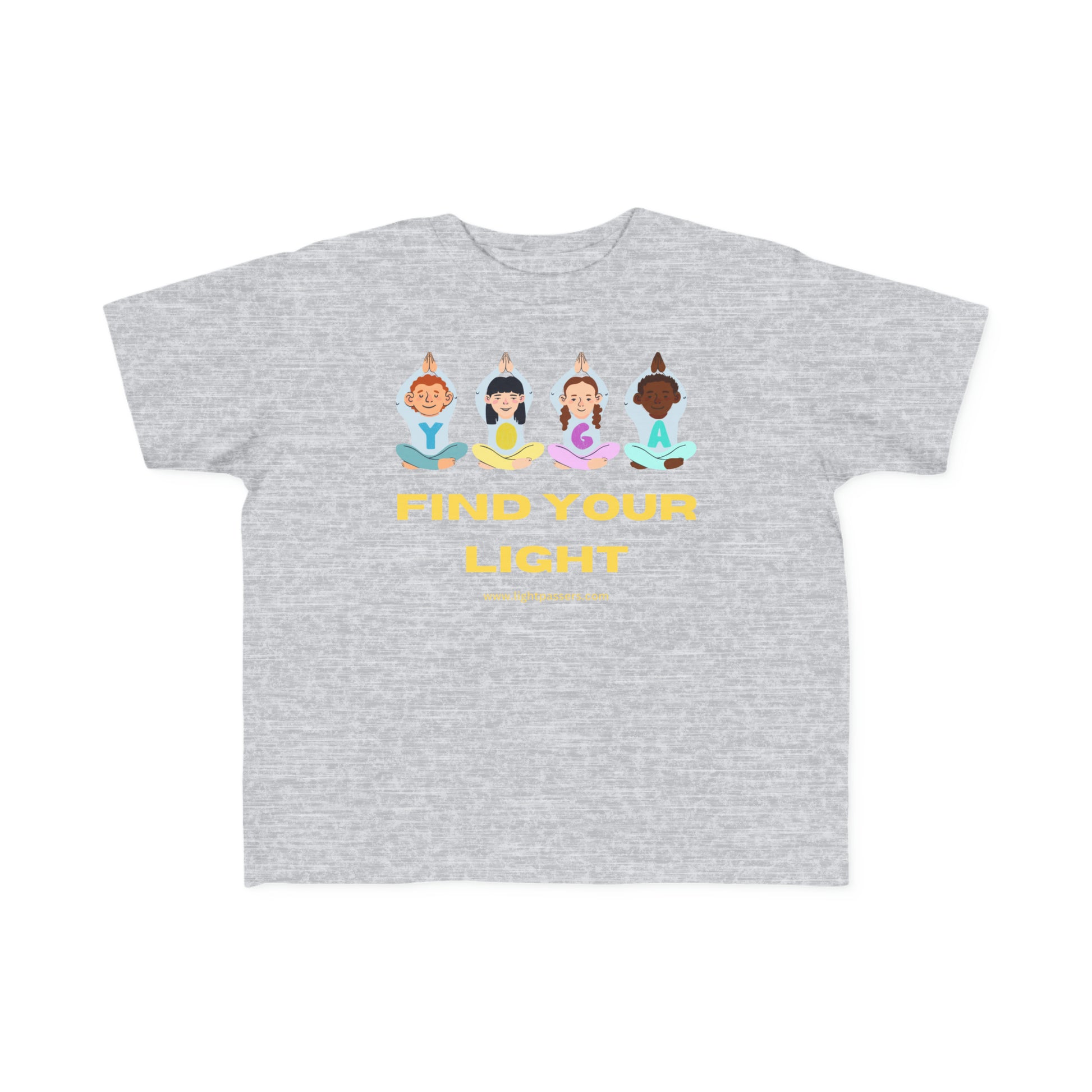 A grey toddler t-shirt featuring cartoon characters in lotus pose, perfect for sensitive skin. Made of 100% combed cotton, light fabric, durable print, tear-away label, and true-to-size fit.