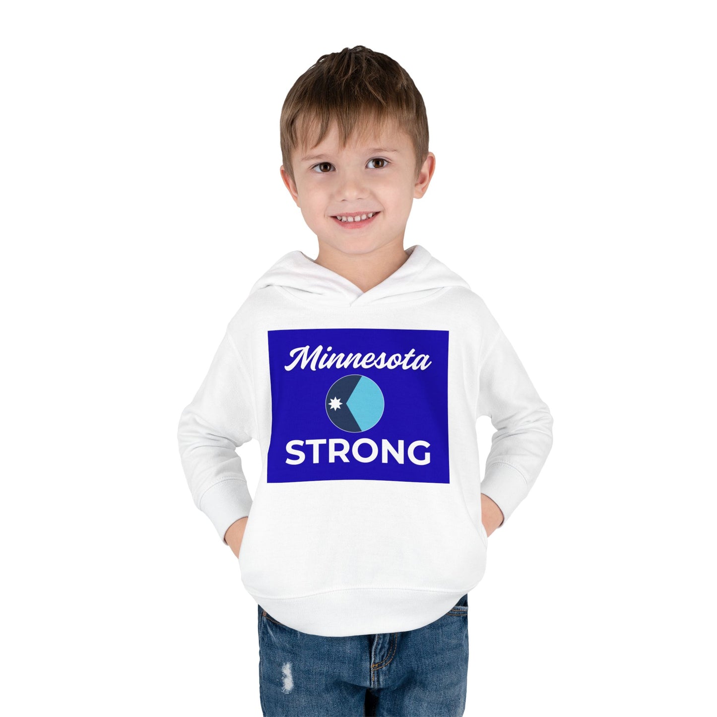 Young boy in a Minnesota Strong hoodie with blue graphic, showcasing warmth and comfort, perfect for toddlers' adventures and everyday wear from Light Passers Marketplace.