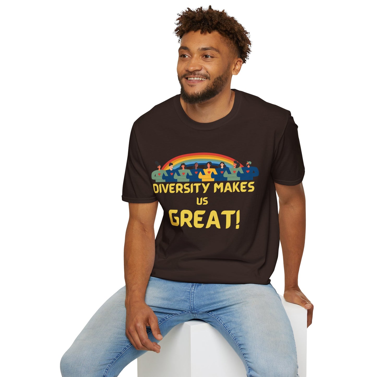 Diversity Makes Us Great Adult Unisex T-Shirt yellow or black letters— Inclusive Rainbow Community Tee