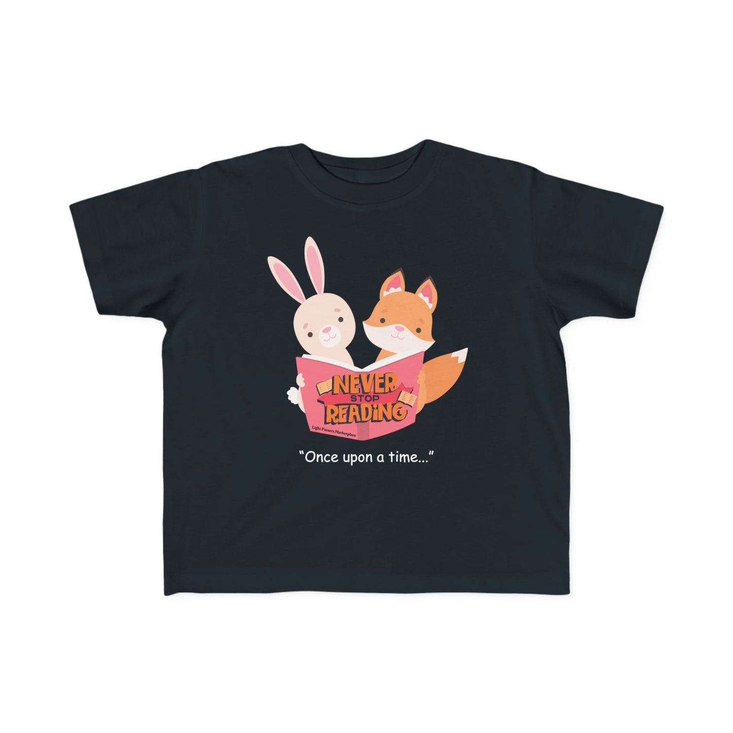 The Light Never Stop Reading Toddler Tee features a bunny and fox reading, promoting a love for stories with Never Stop Reading above.