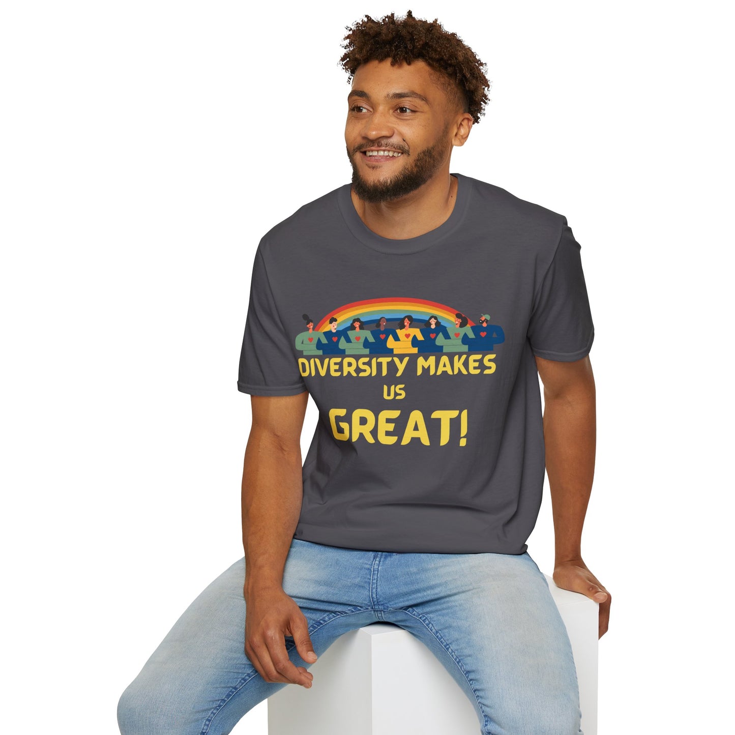 Diversity Makes Us Great Adult Unisex T-Shirt yellow or black letters— Inclusive Rainbow Community Tee